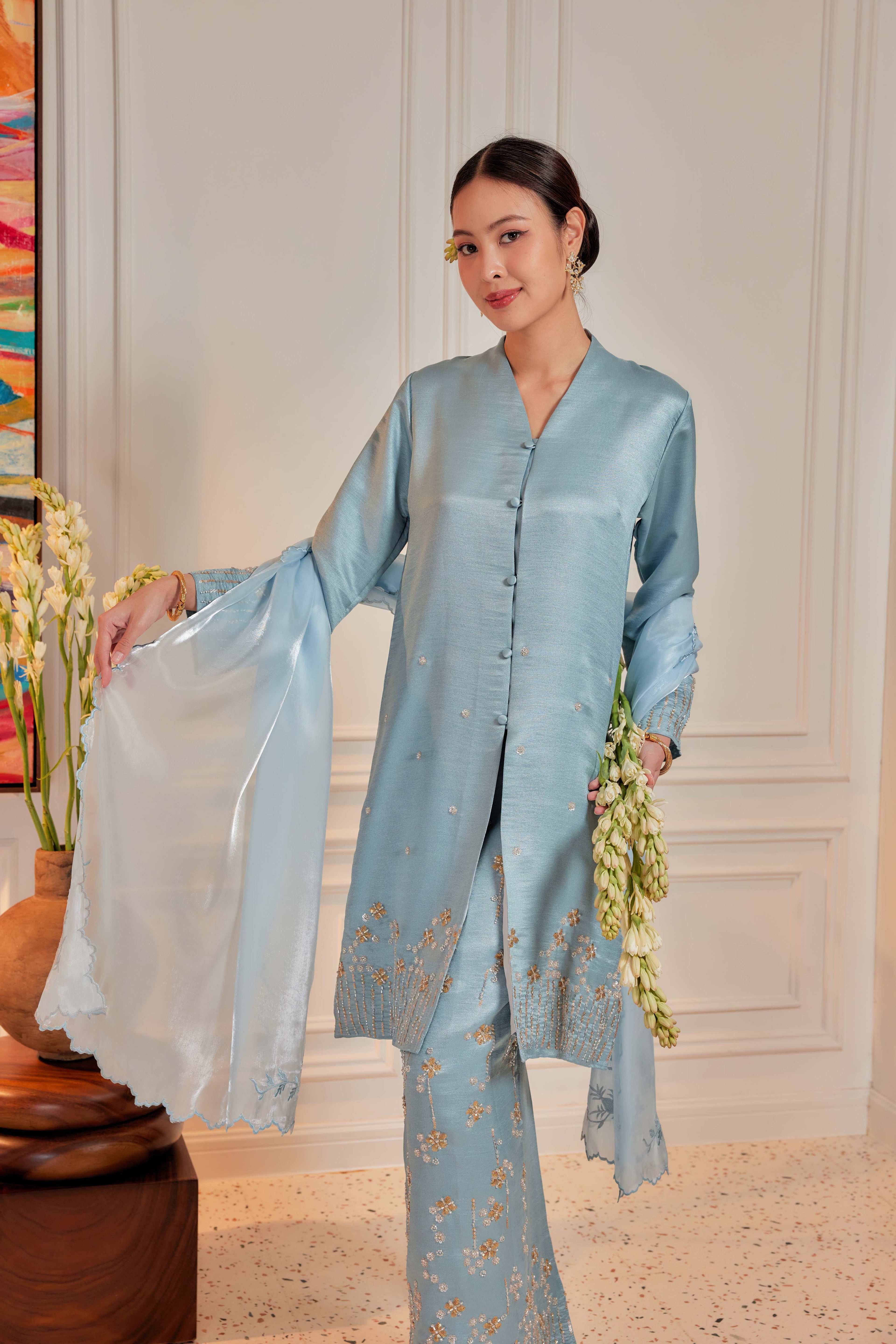 Vintage Teal - Bidasari Beaded Bunga Tabur Motif Kebarung (Fully Lined)