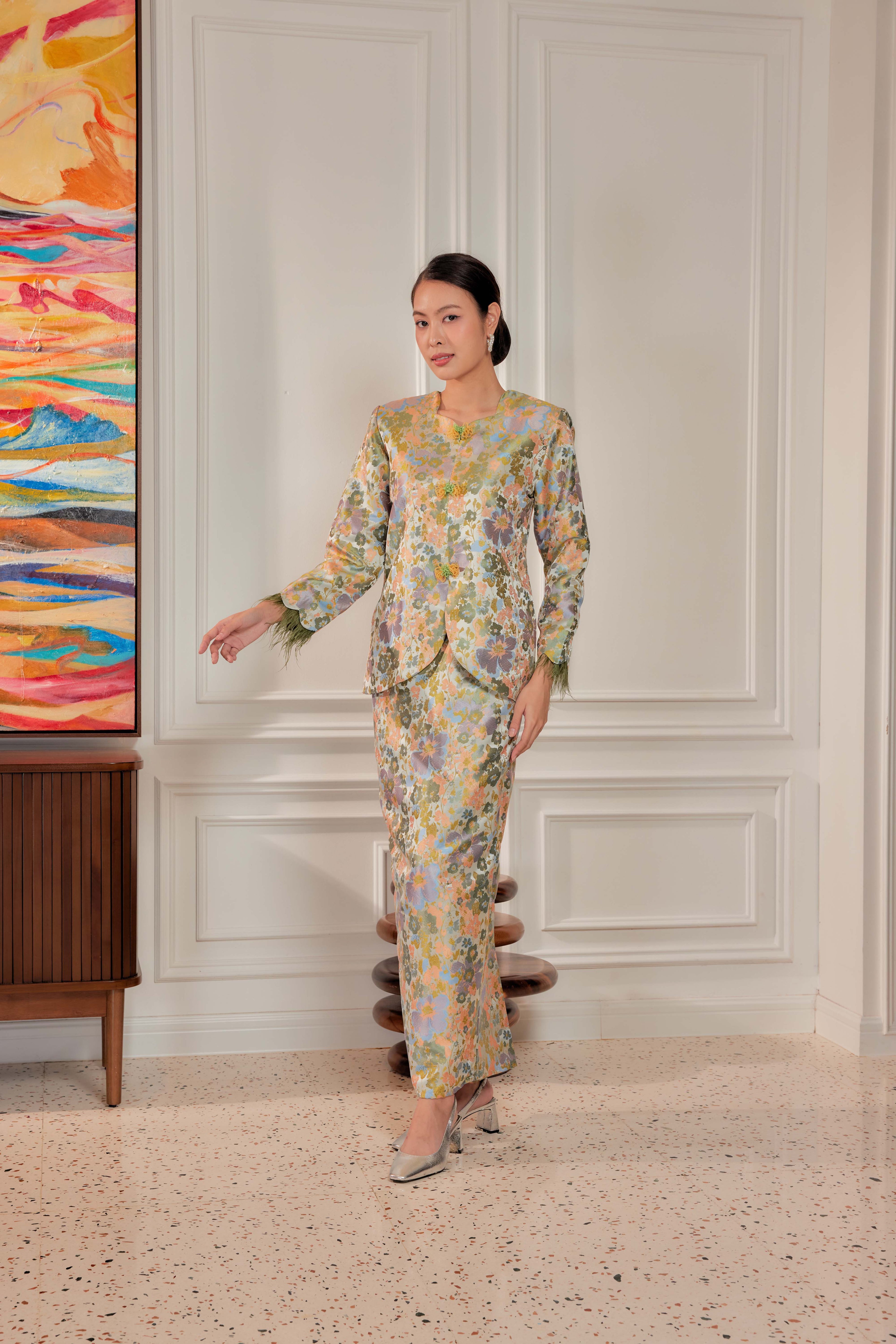 Moonlit Moss -  Purnama Embellished Kebaya with Feathered Sleeves (Fully Lined)