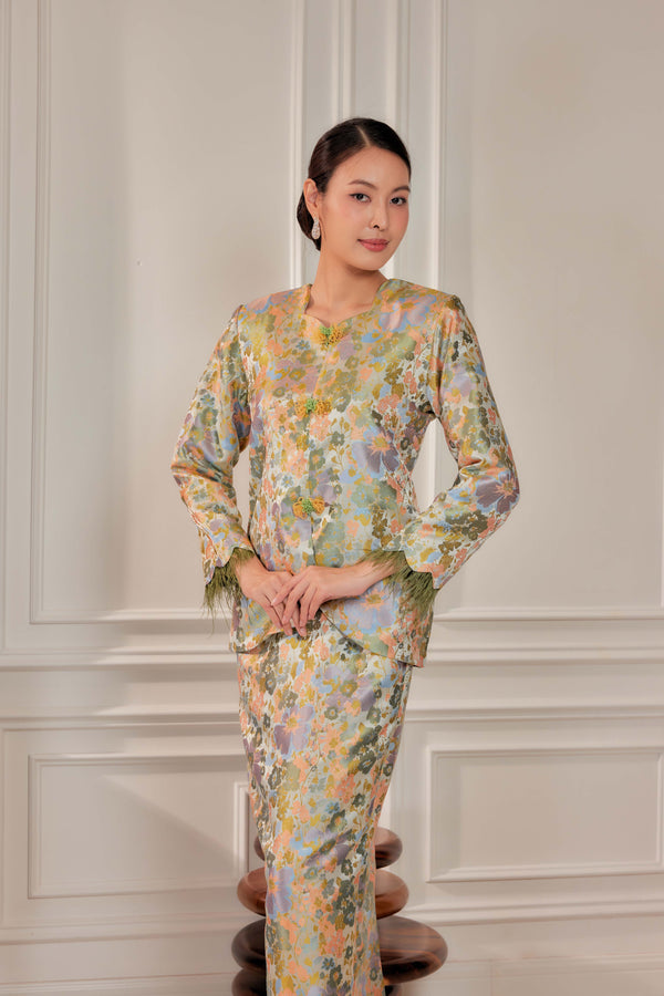 Moonlit Moss -  Purnama Embellished Kebaya with Feathered Sleeves (Fully Lined)