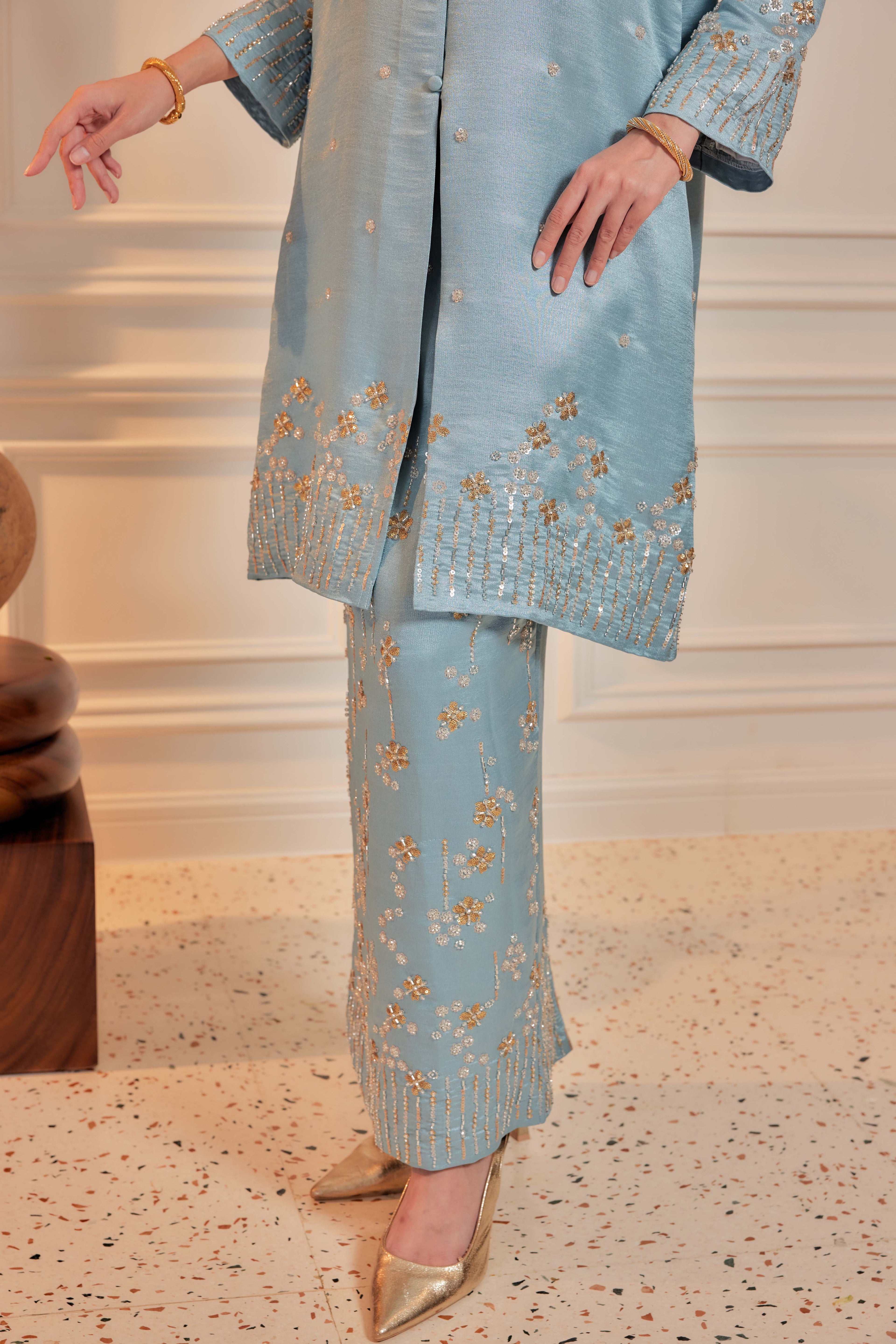 Vintage Teal - Bidasari Beaded Bunga Tabur Motif Kebarung (Fully Lined)