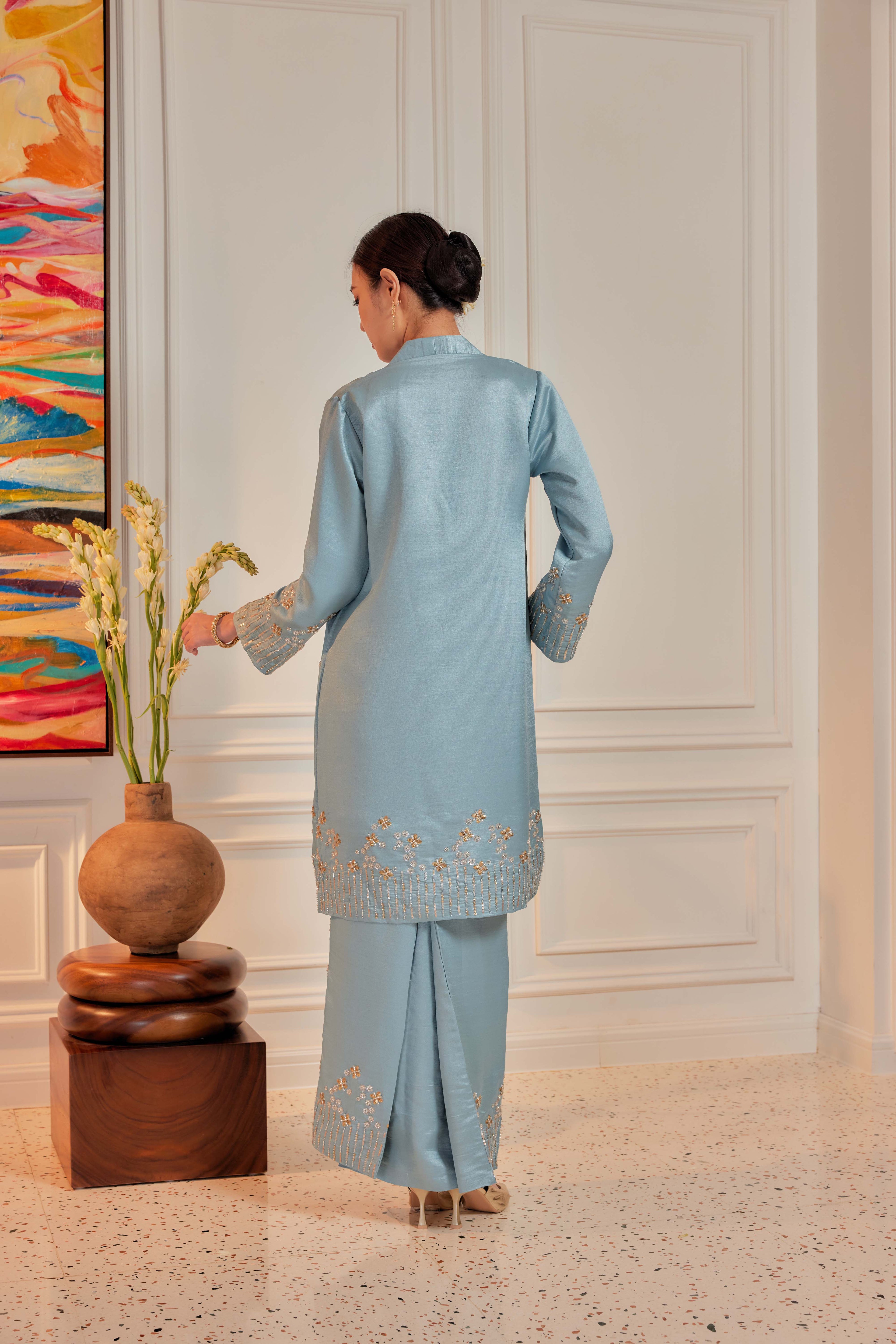 Vintage Teal - Bidasari Beaded Bunga Tabur Motif Kebarung (Fully Lined)