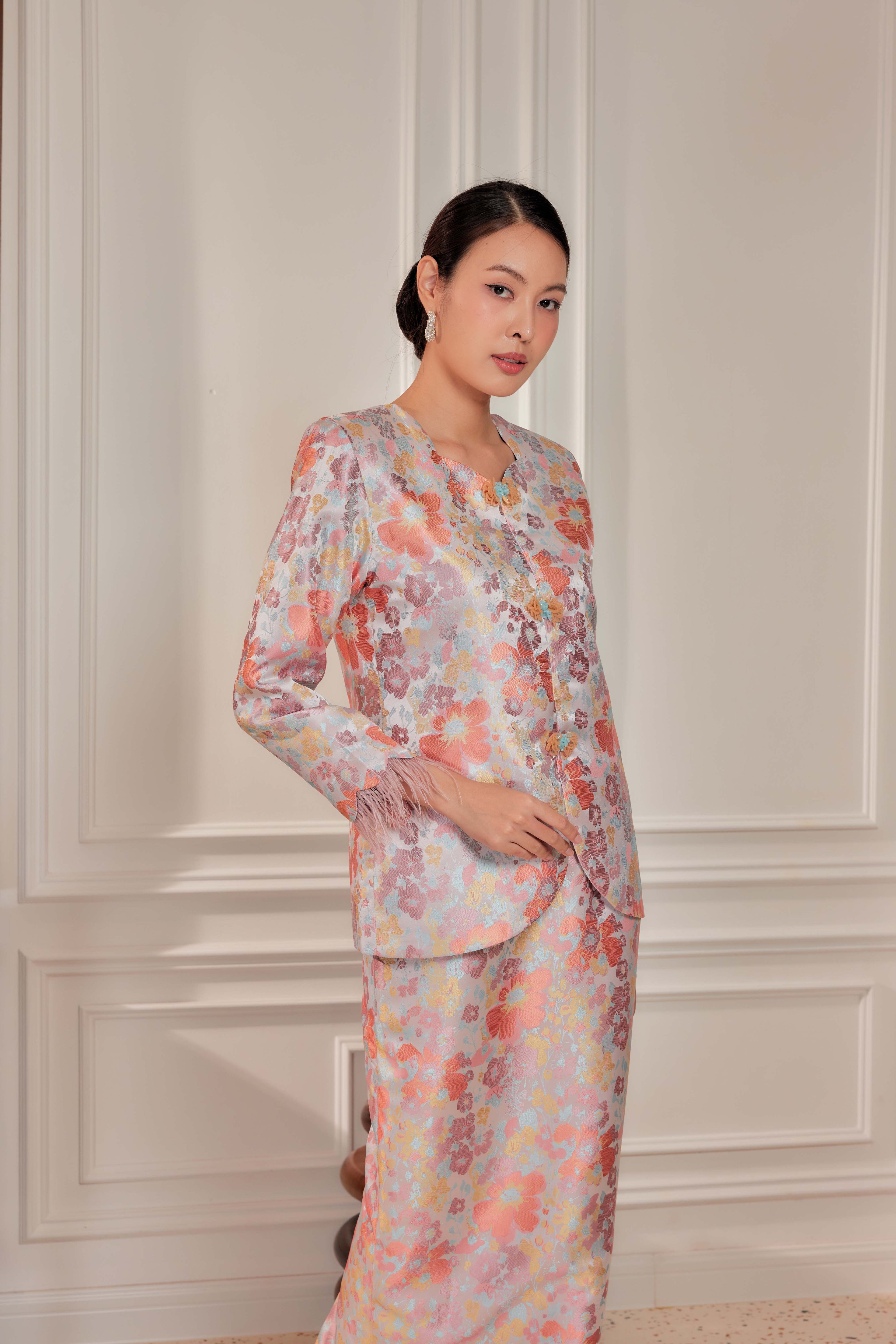 Silken Amber - Purnama Embellished Kebaya with Feathered Sleeves (Fully Lined)