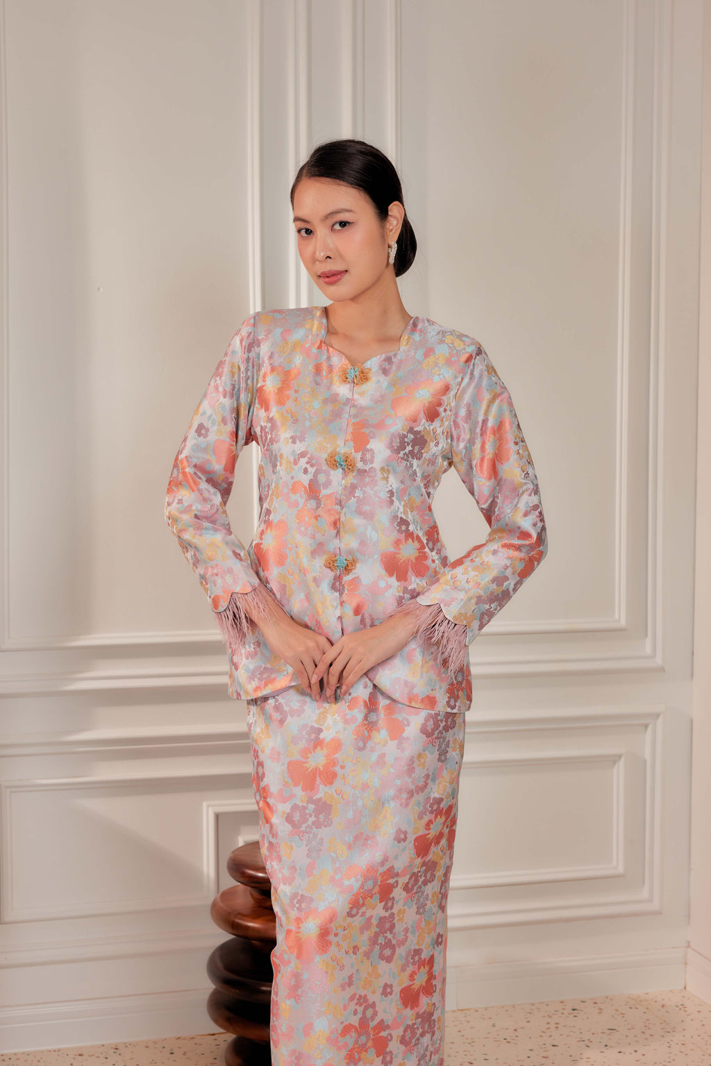 Silken Amber - Purnama Embellished Kebaya with Feathered Sleeves (Fully Lined)