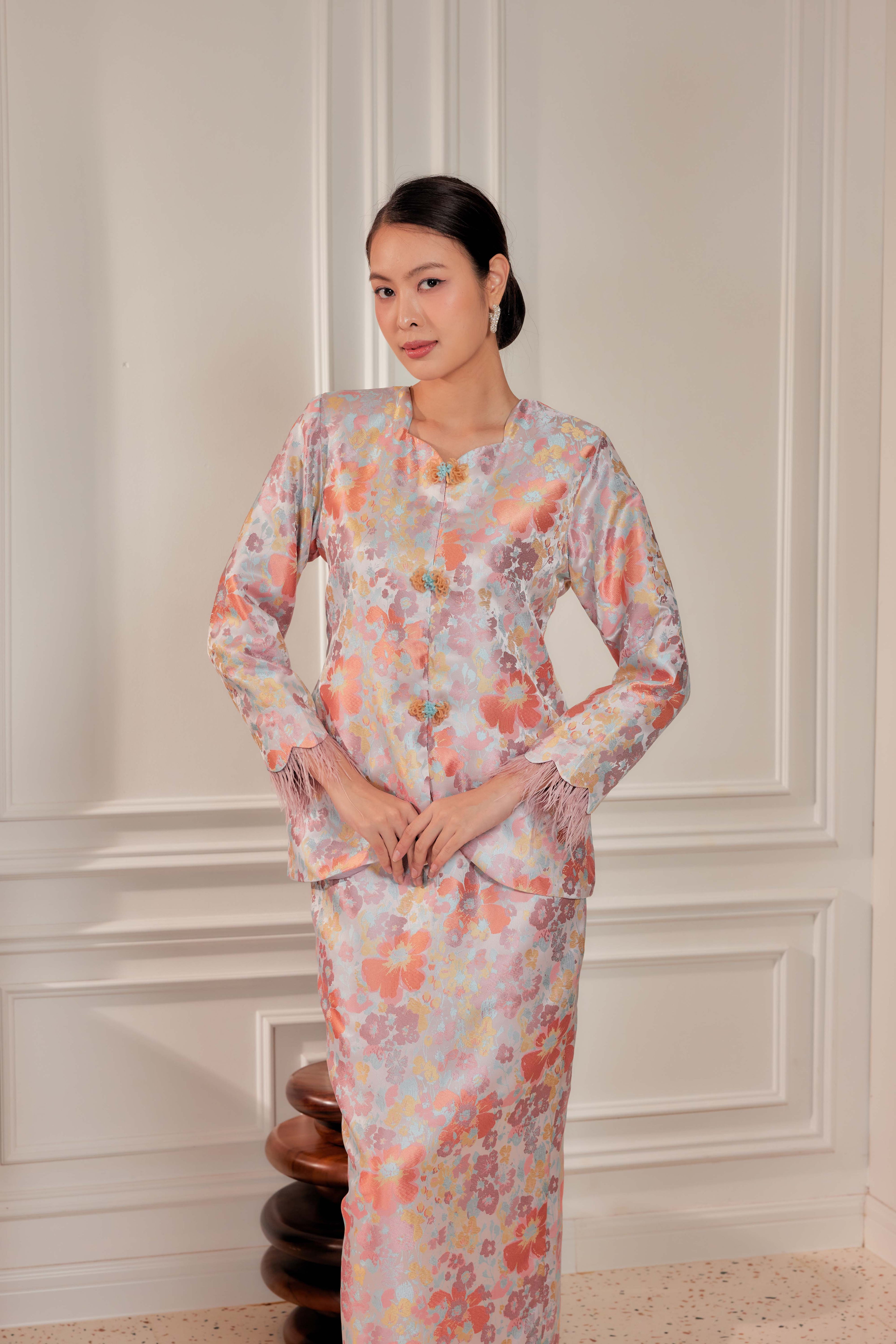 Silken Amber - Purnama Embellished Kebaya with Feathered Sleeves (Fully Lined)