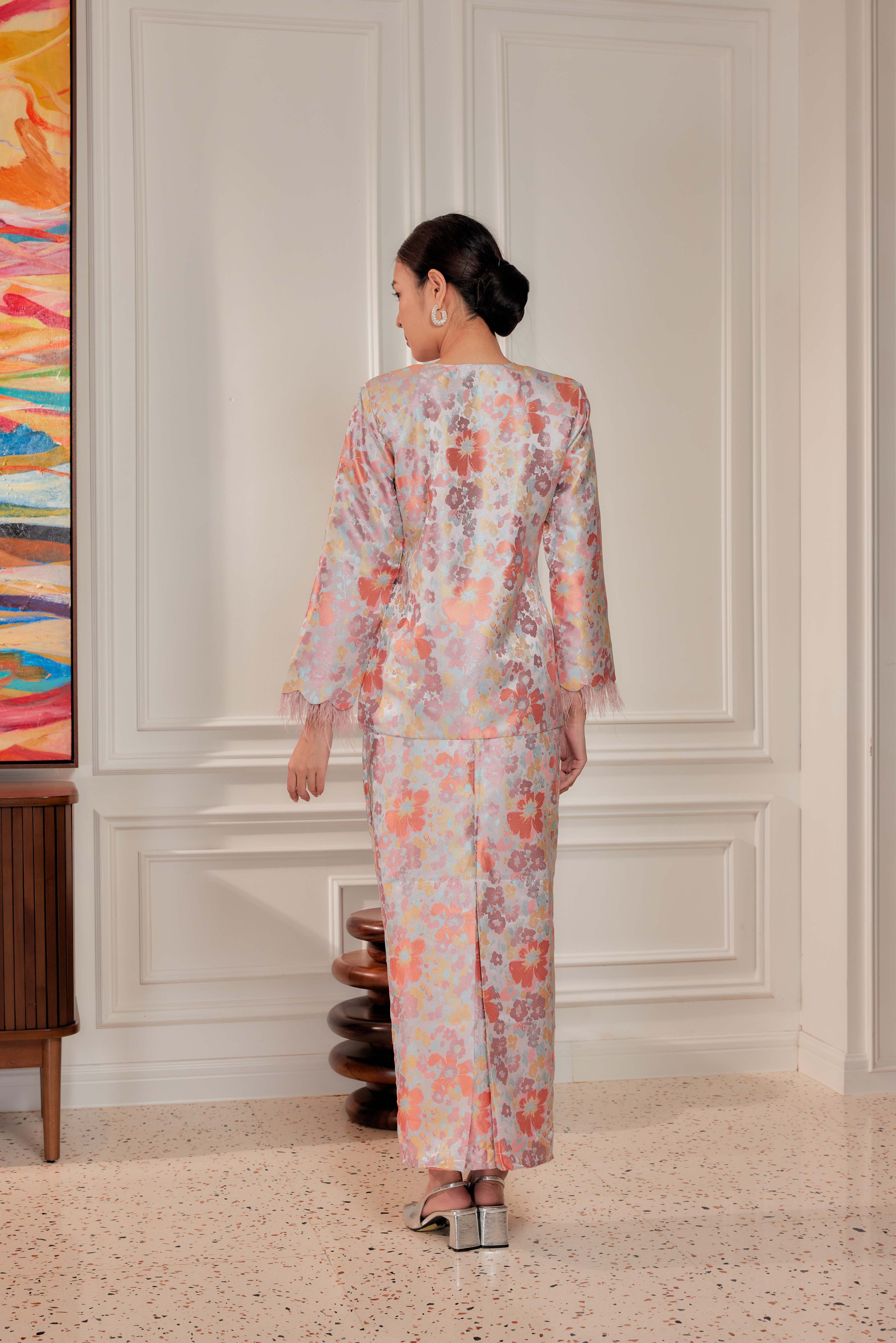 Silken Amber - Purnama Embellished Kebaya with Feathered Sleeves (Fully Lined)