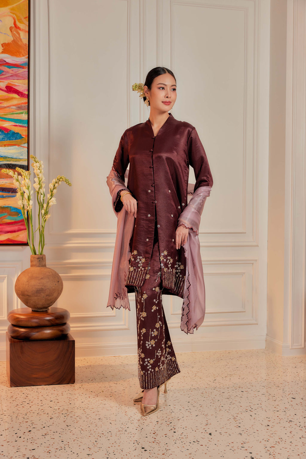 Burgundy Brown - Bidasari Beaded Bunga Tabur Motif Kebarung (Fully Lined)