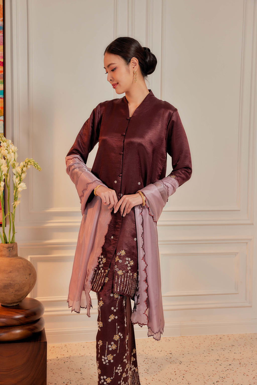 Burgundy Brown - Bidasari Beaded Bunga Tabur Motif Kebarung (Fully Lined)