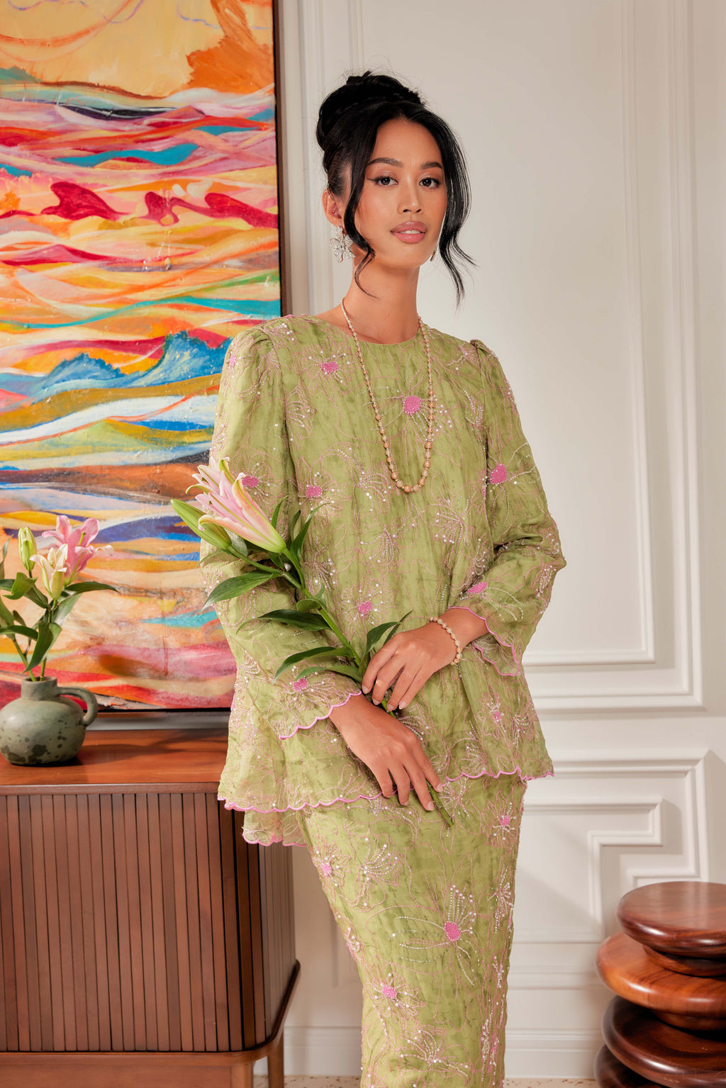 Strawberry Matcha - Nona Pearl Beaded Embellished Kurung (Fully Lined)