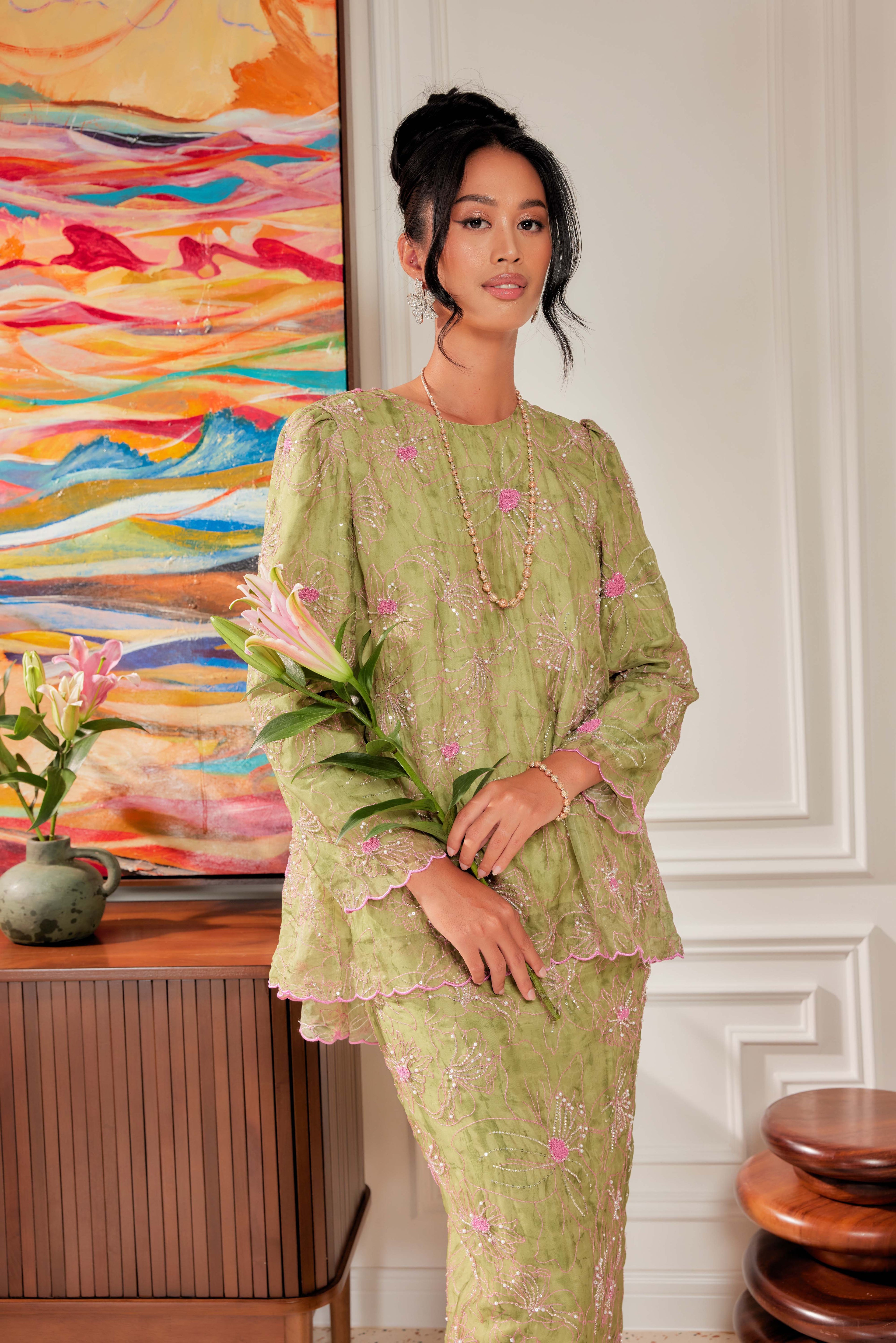 Strawberry Matcha - Nona Pearl Beaded Embellished Kurung (Fully Lined)