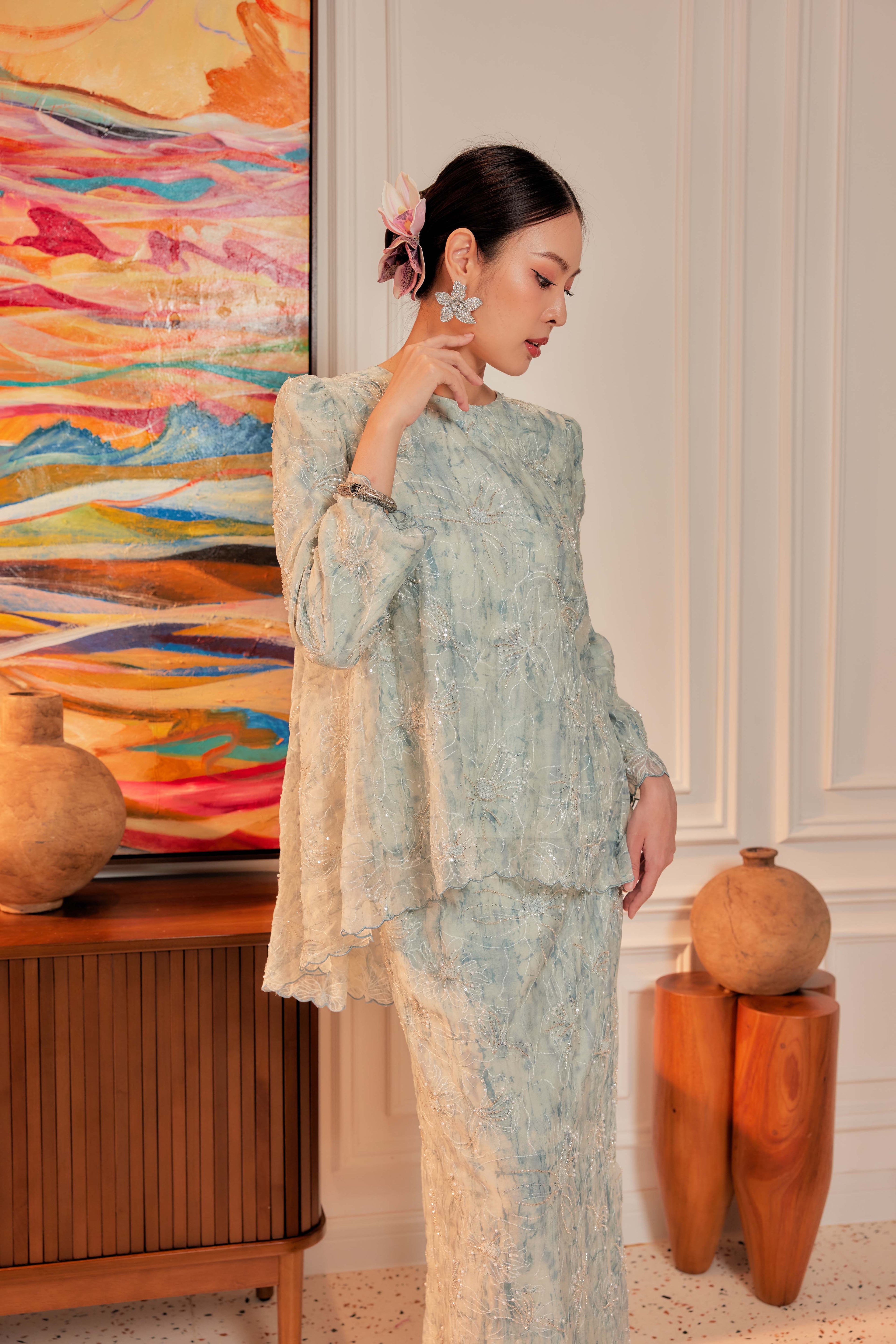 Ash Teal - Nona Pearl Beaded Embellished Kurung (Fully Lined)