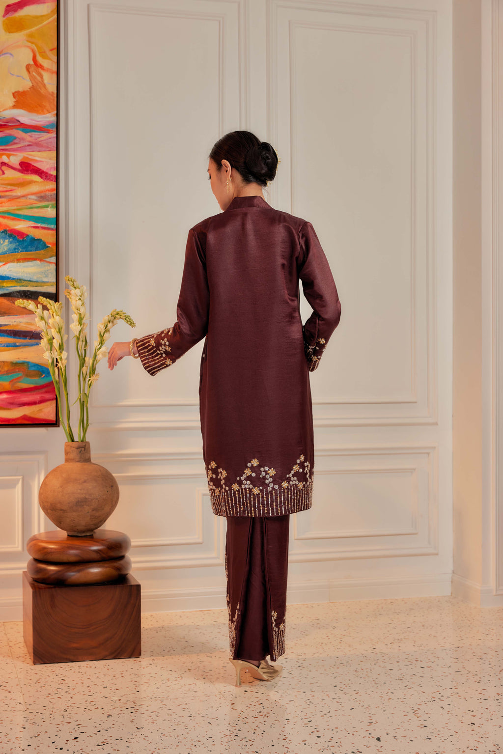 Burgundy Brown - Bidasari Beaded Bunga Tabur Motif Kebarung (Fully Lined)