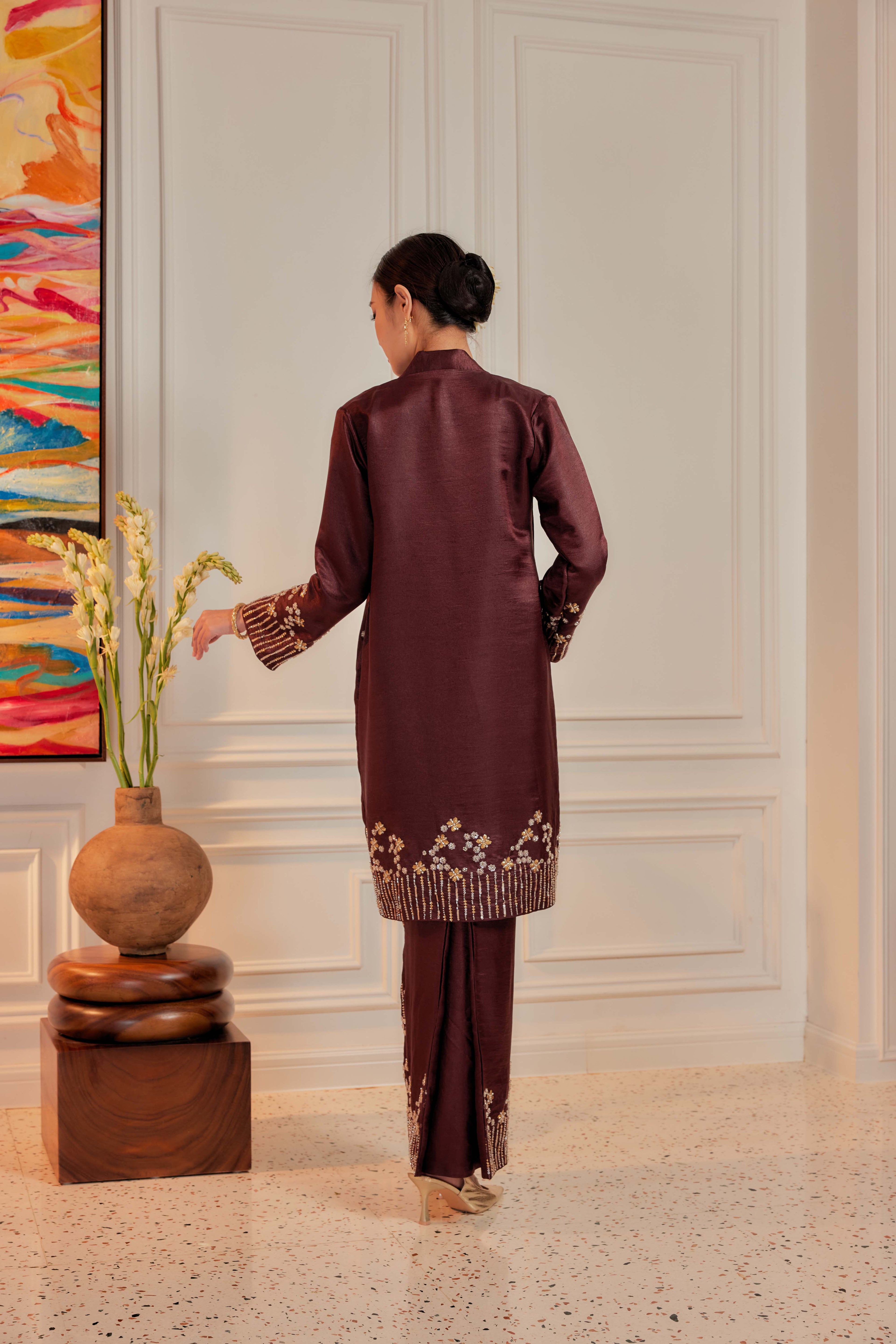 Burgundy Brown - Bidasari Beaded Bunga Tabur Motif Kebarung (Fully Lined)