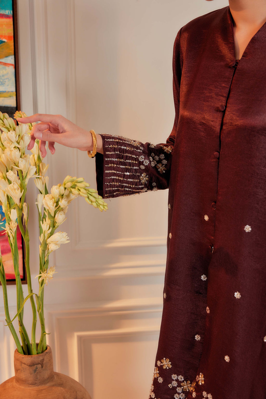 Burgundy Brown - Bidasari Beaded Bunga Tabur Motif Kebarung (Fully Lined)