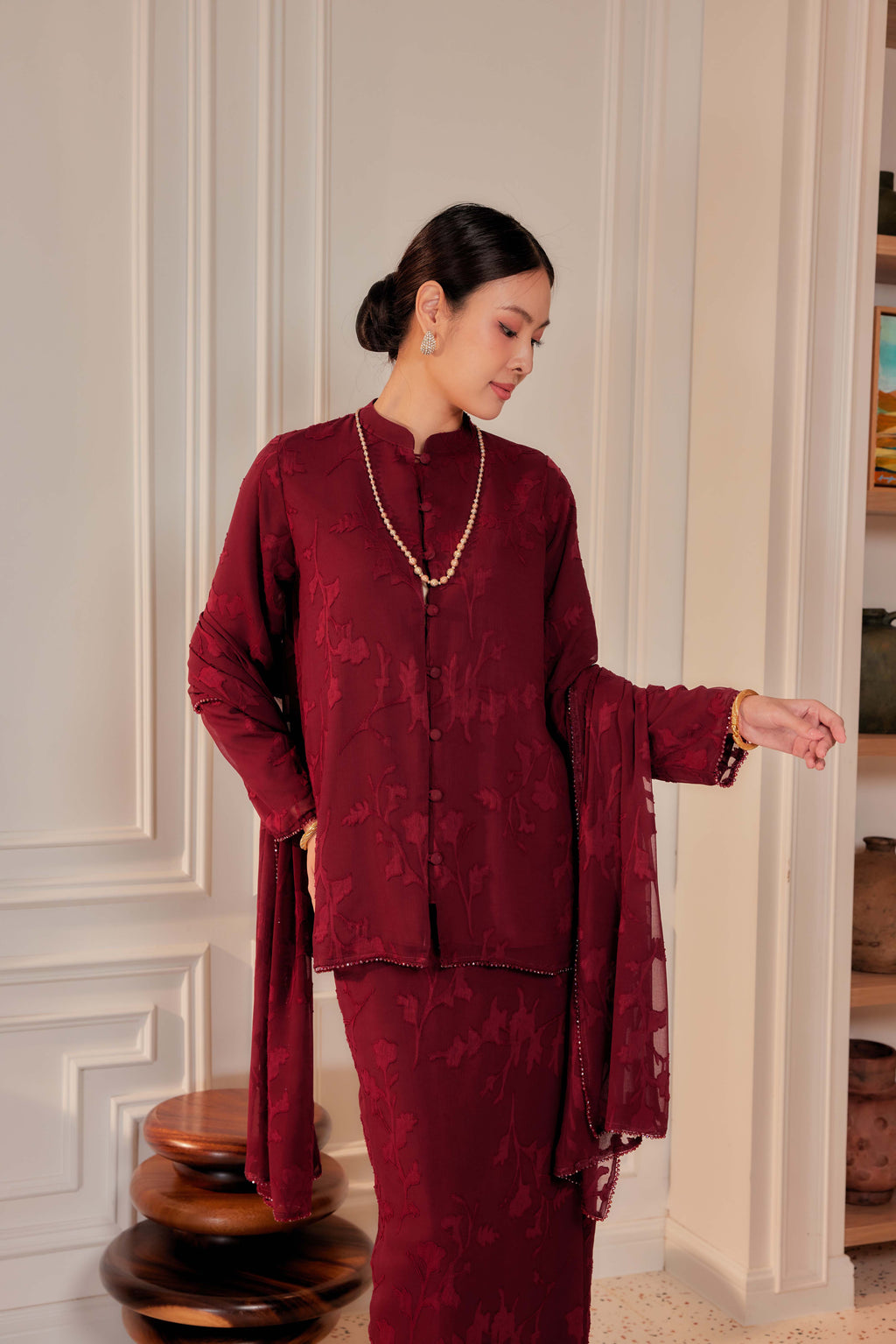 Indah Pelangi Kebarung in Burgundy Cherry – The Beaded Edition, Fully Lined
