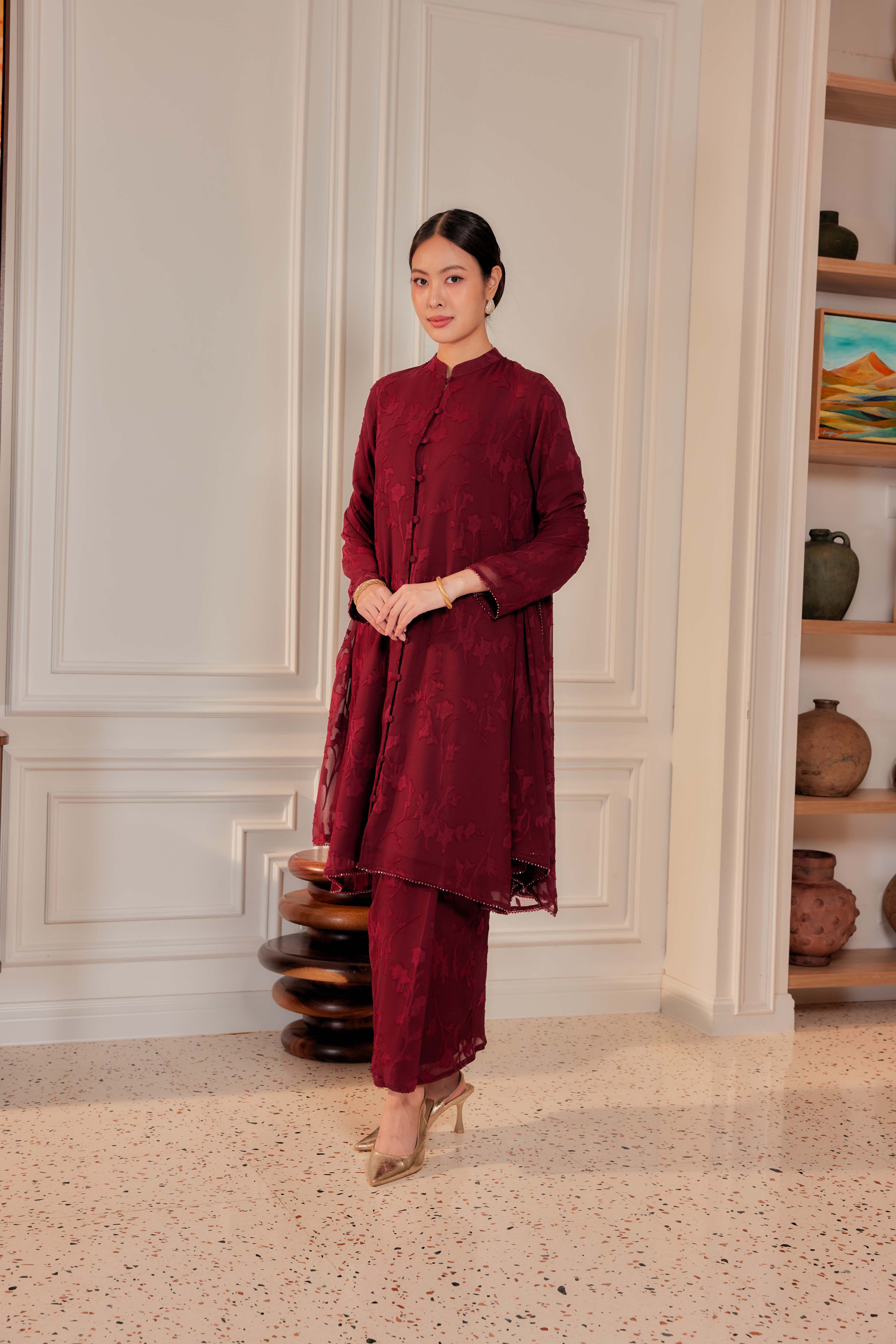 Indah Pelangi Kebarung in Burgundy Cherry – The Beaded Edition, Fully Lined
