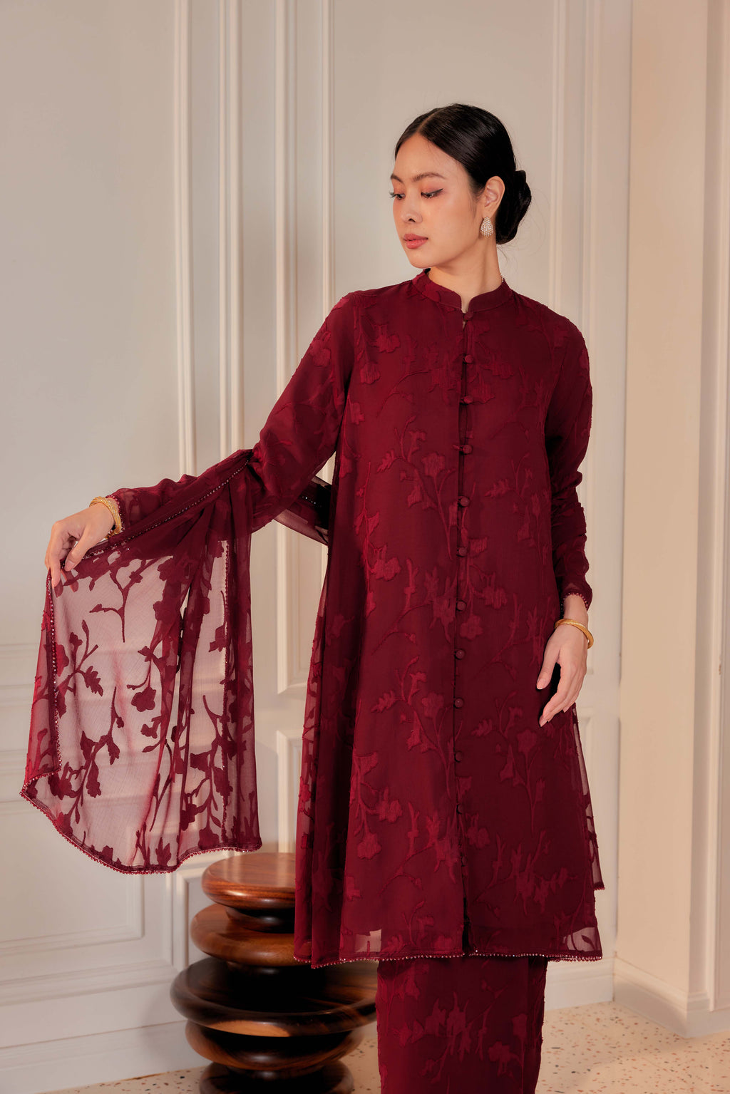 Indah Pelangi Kebarung in Burgundy Cherry – The Beaded Edition, Fully Lined