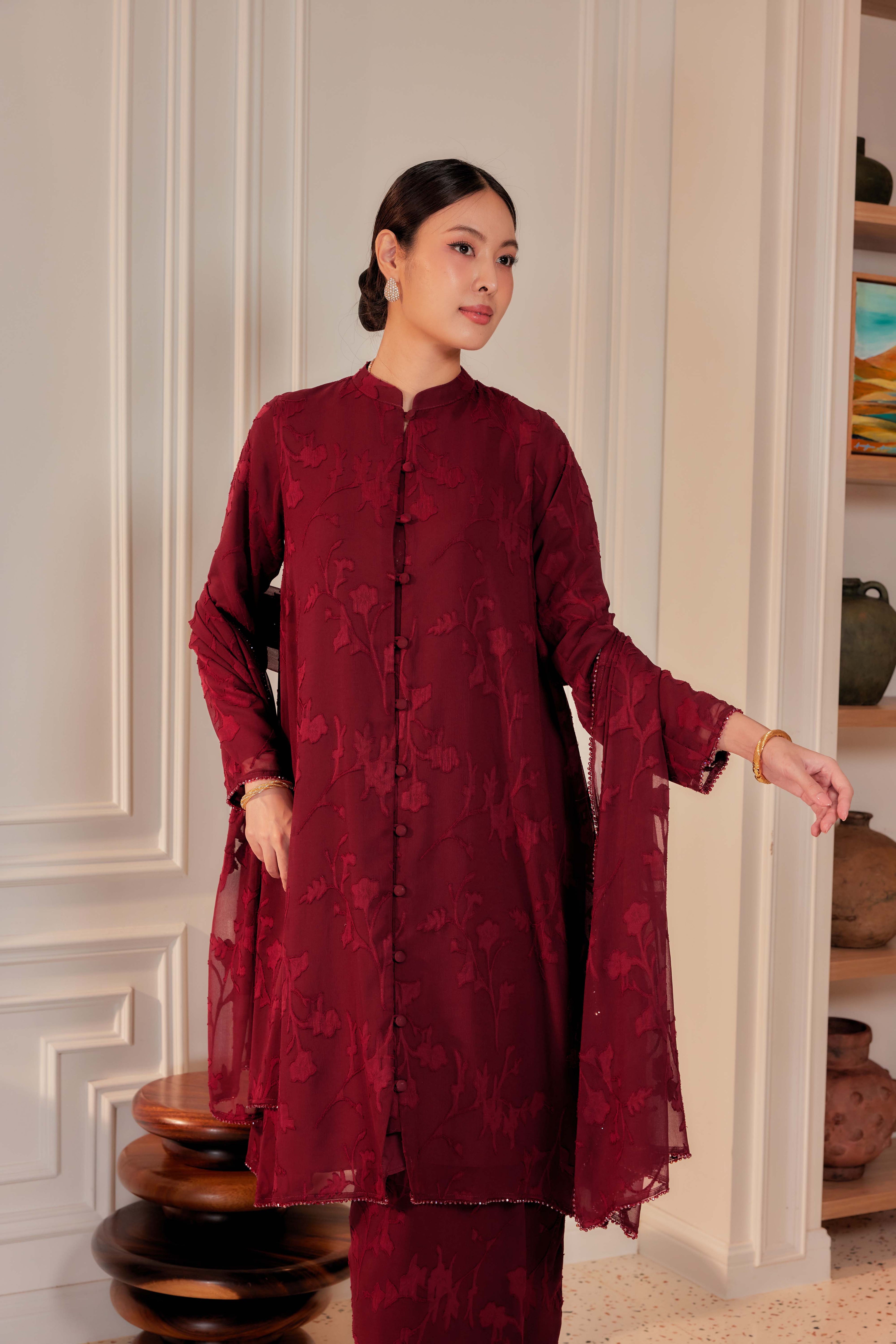 Indah Pelangi Kebarung in Burgundy Cherry – The Beaded Edition, Fully Lined