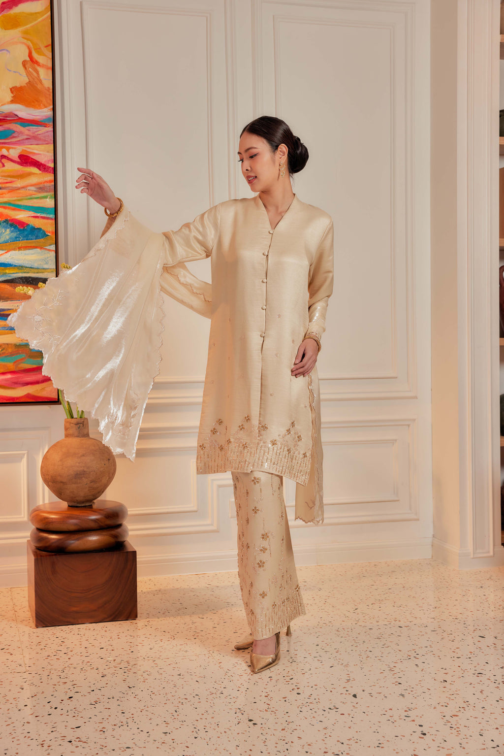 Champagne - Bidasari Beaded Bunga Tabur Motif Kebarung (Fully Lined)