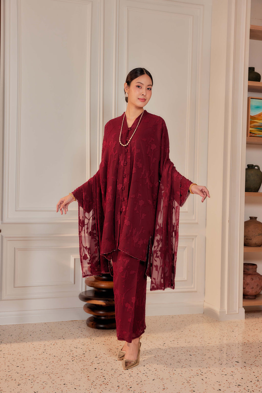 Burgundy - Indah Pelangi Kebaya Labuh Beaded Edition (Fully Lined)