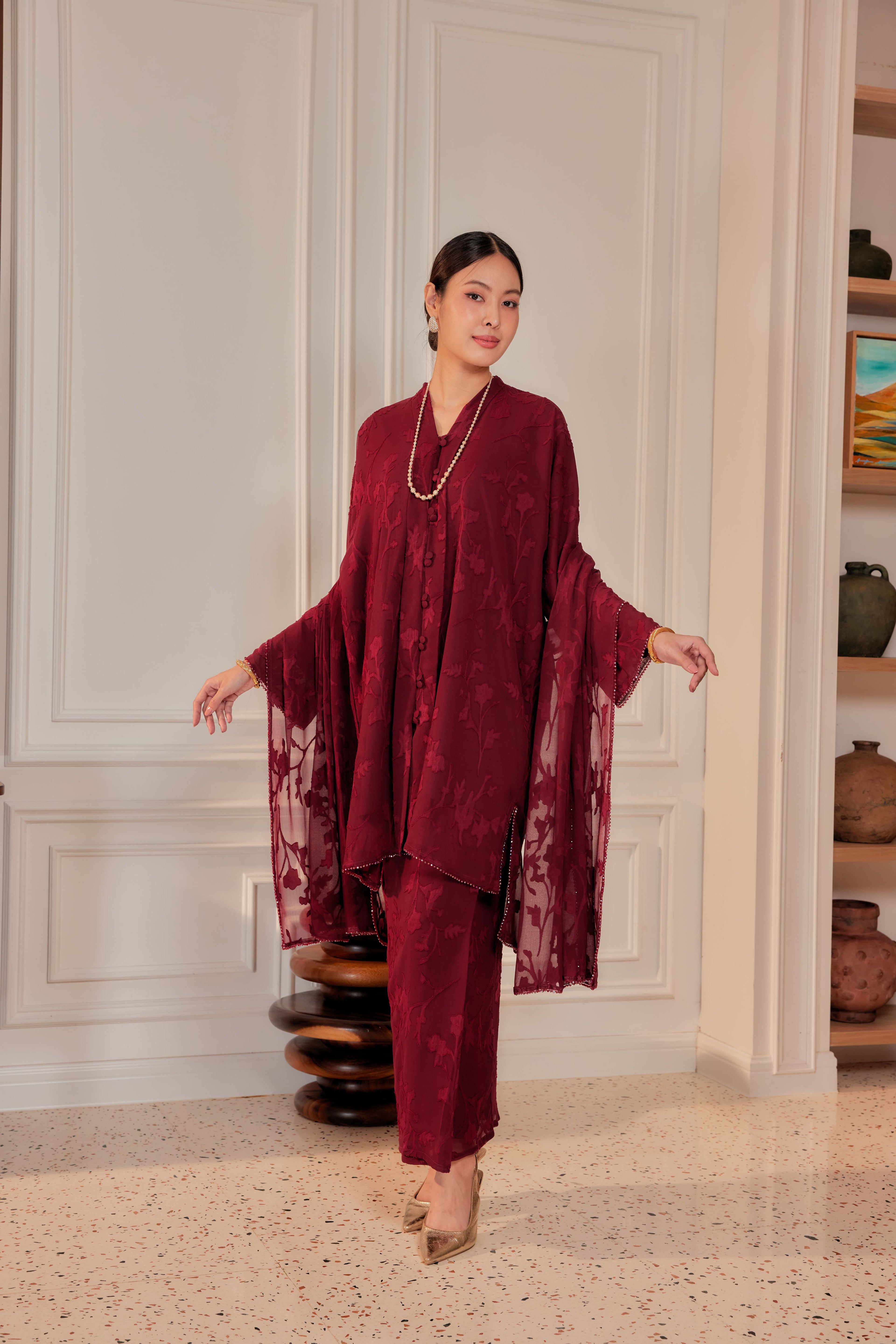Burgundy - Indah Pelangi Kebaya Labuh Beaded Edition (Fully Lined)