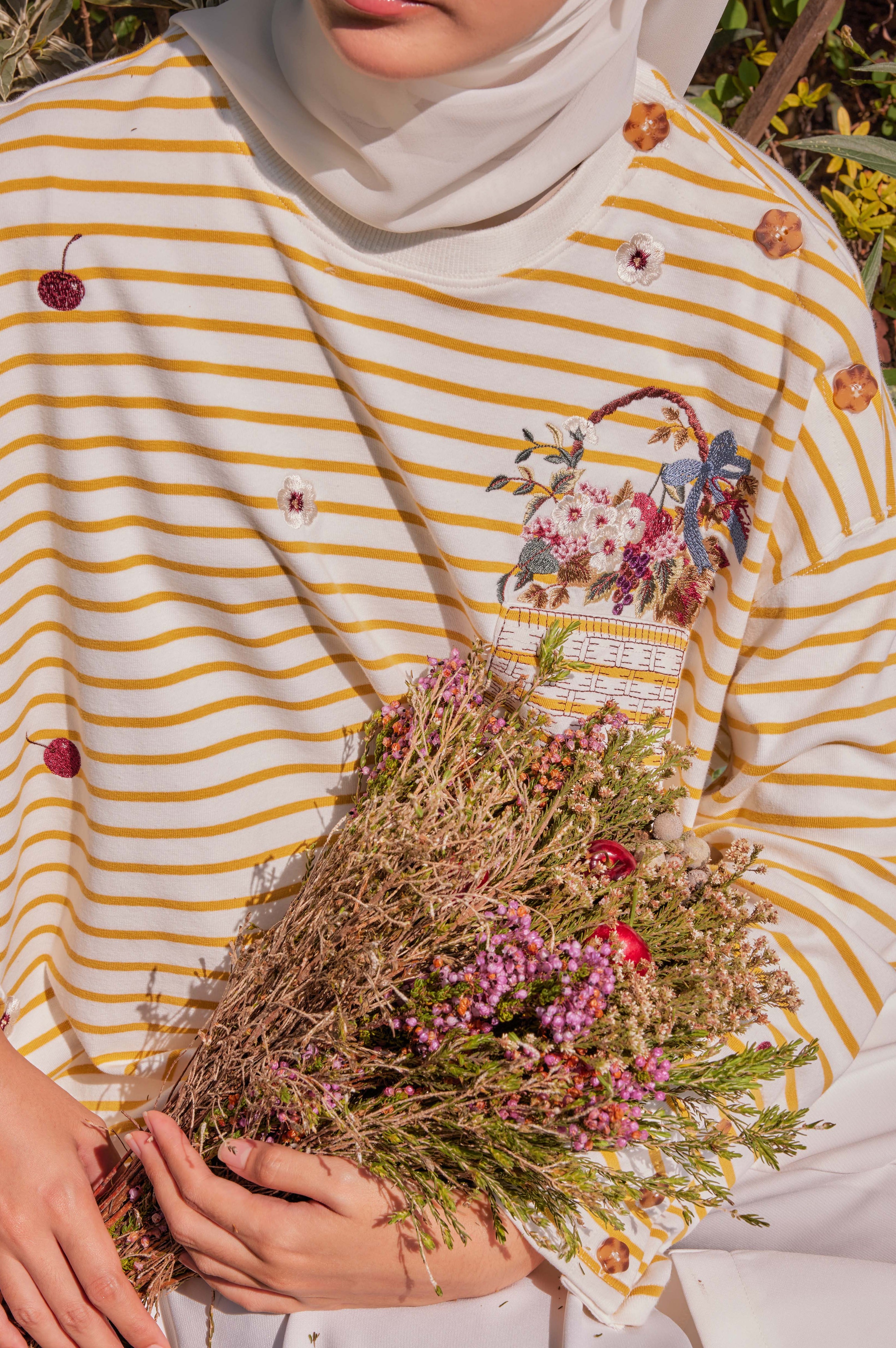 [PREORDER] Fleuriste Embroidered Cotton Tee with Signature Buttons — Butter Yellow Stripes