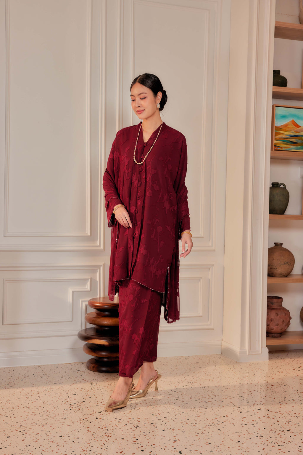 Burgundy - Indah Pelangi Kebaya Labuh Beaded Edition (Fully Lined)