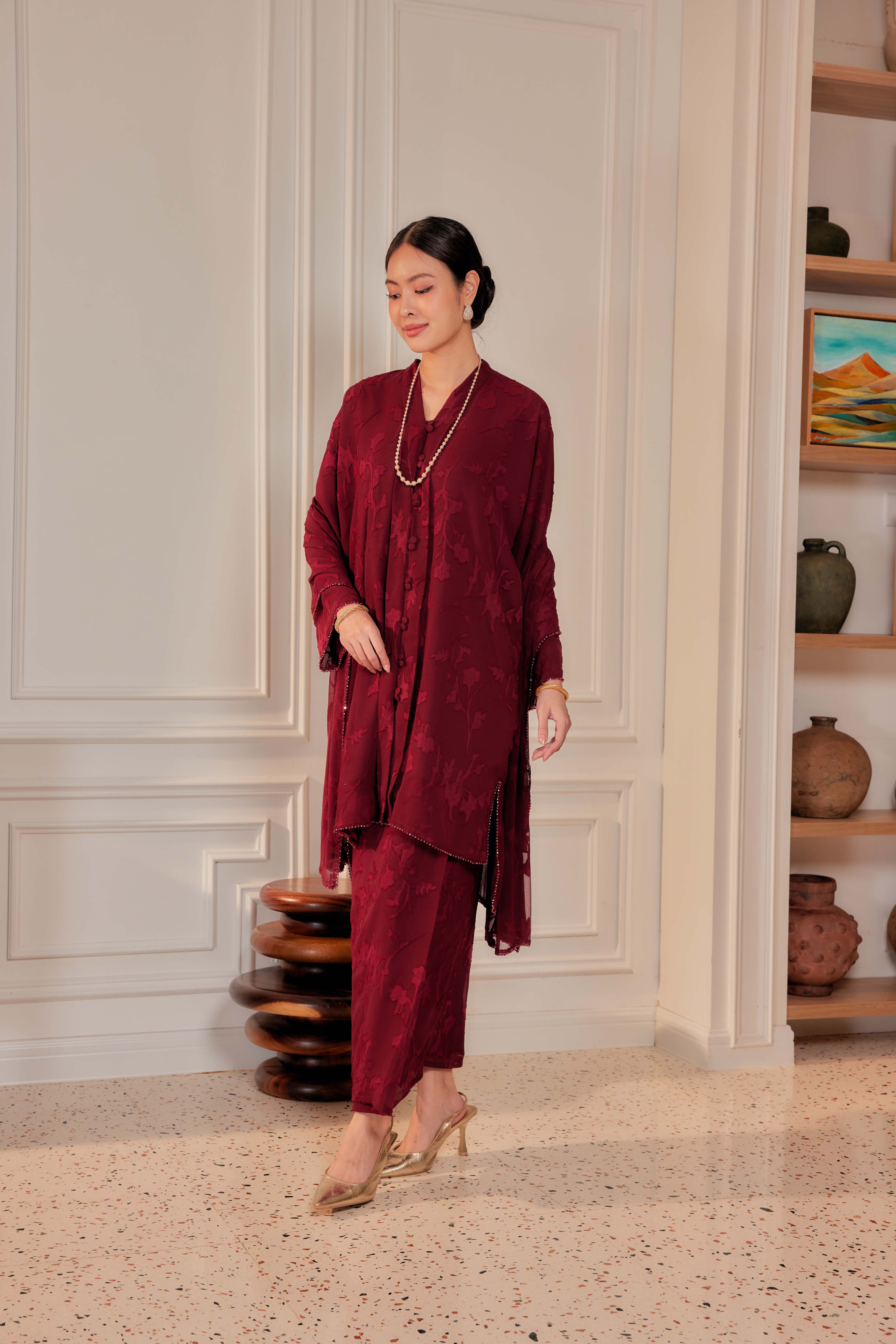 Burgundy - Indah Pelangi Kebaya Labuh Beaded Edition (Fully Lined)