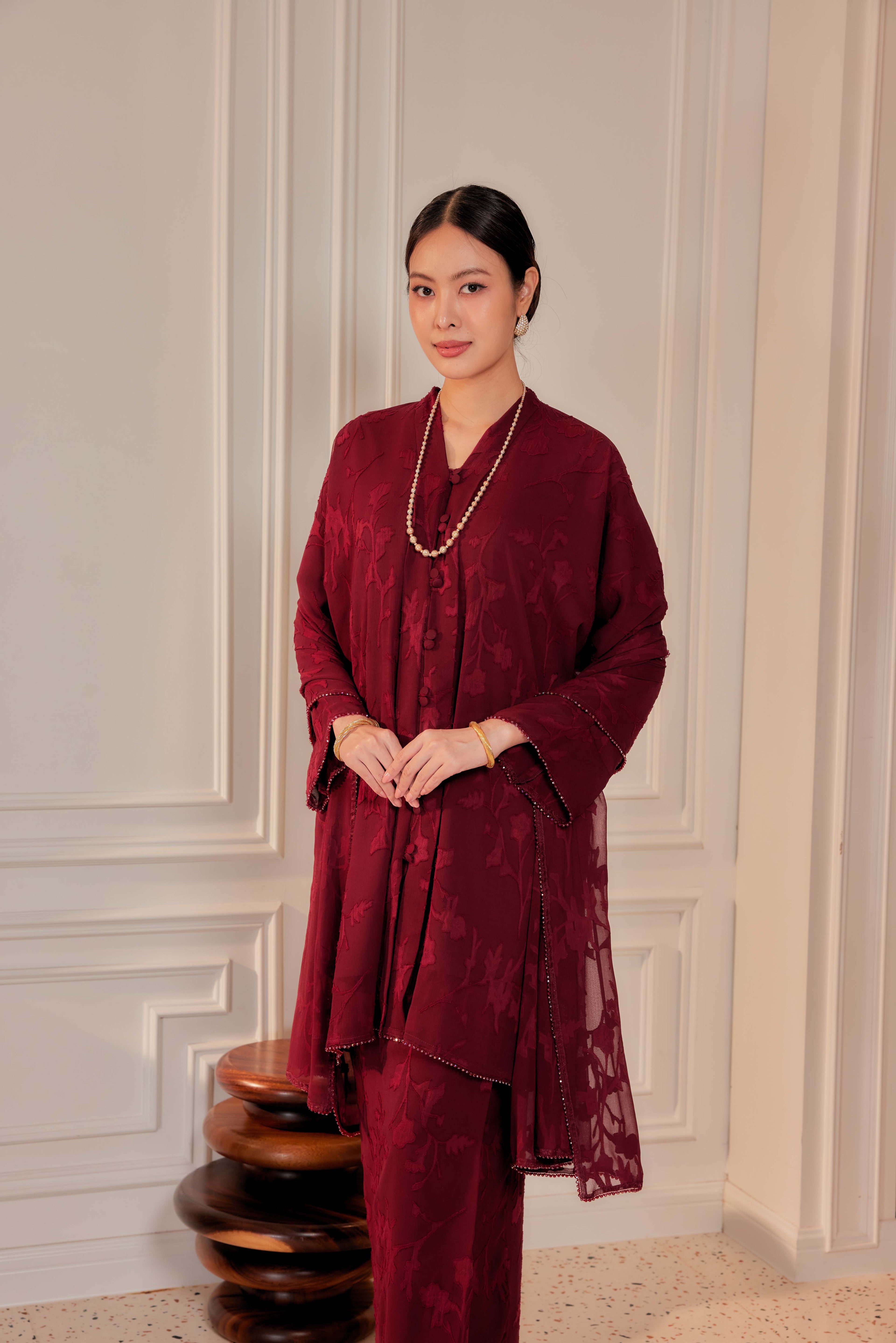 Burgundy - Indah Pelangi Kebaya Labuh Beaded Edition (Fully Lined)