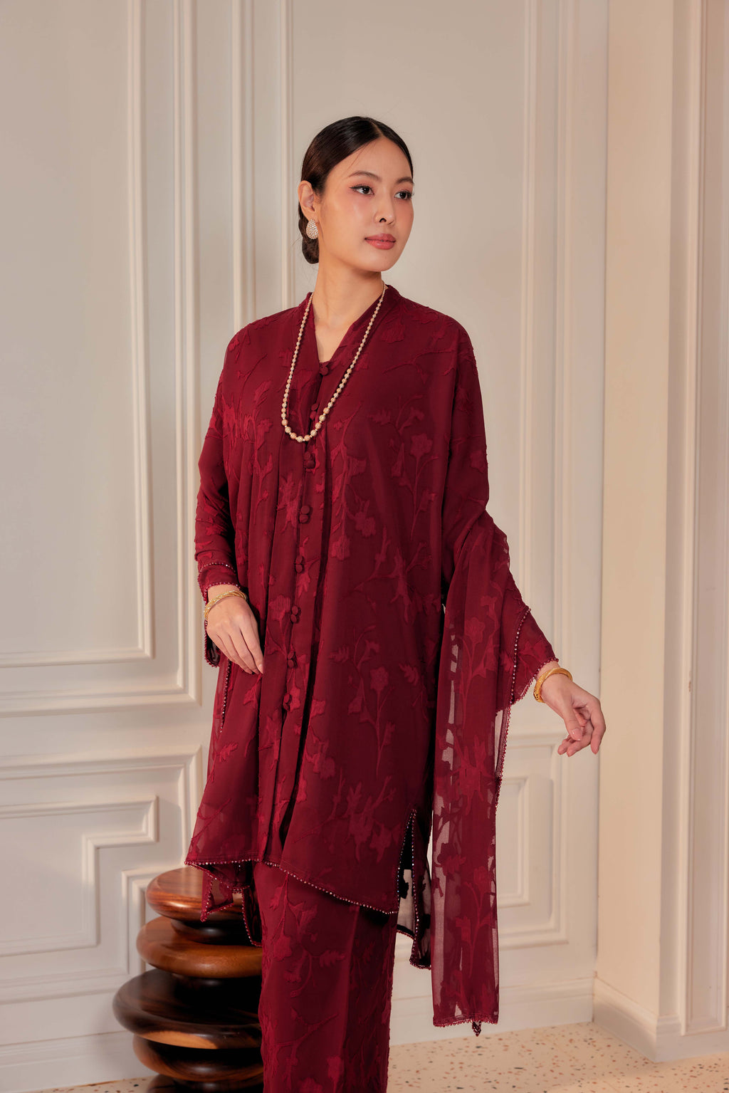 Burgundy - Indah Pelangi Kebaya Labuh Beaded Edition (Fully Lined)