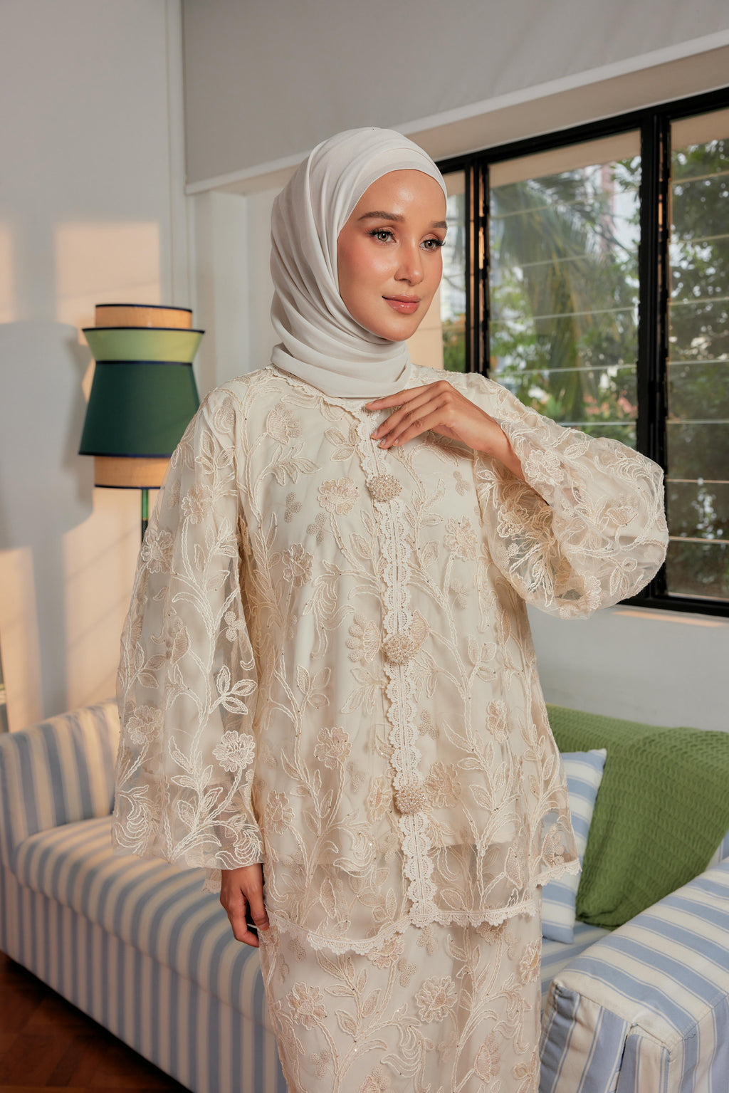 Vanilla Cream - Raia Embellished Lace Kurung Set (Full Lining)