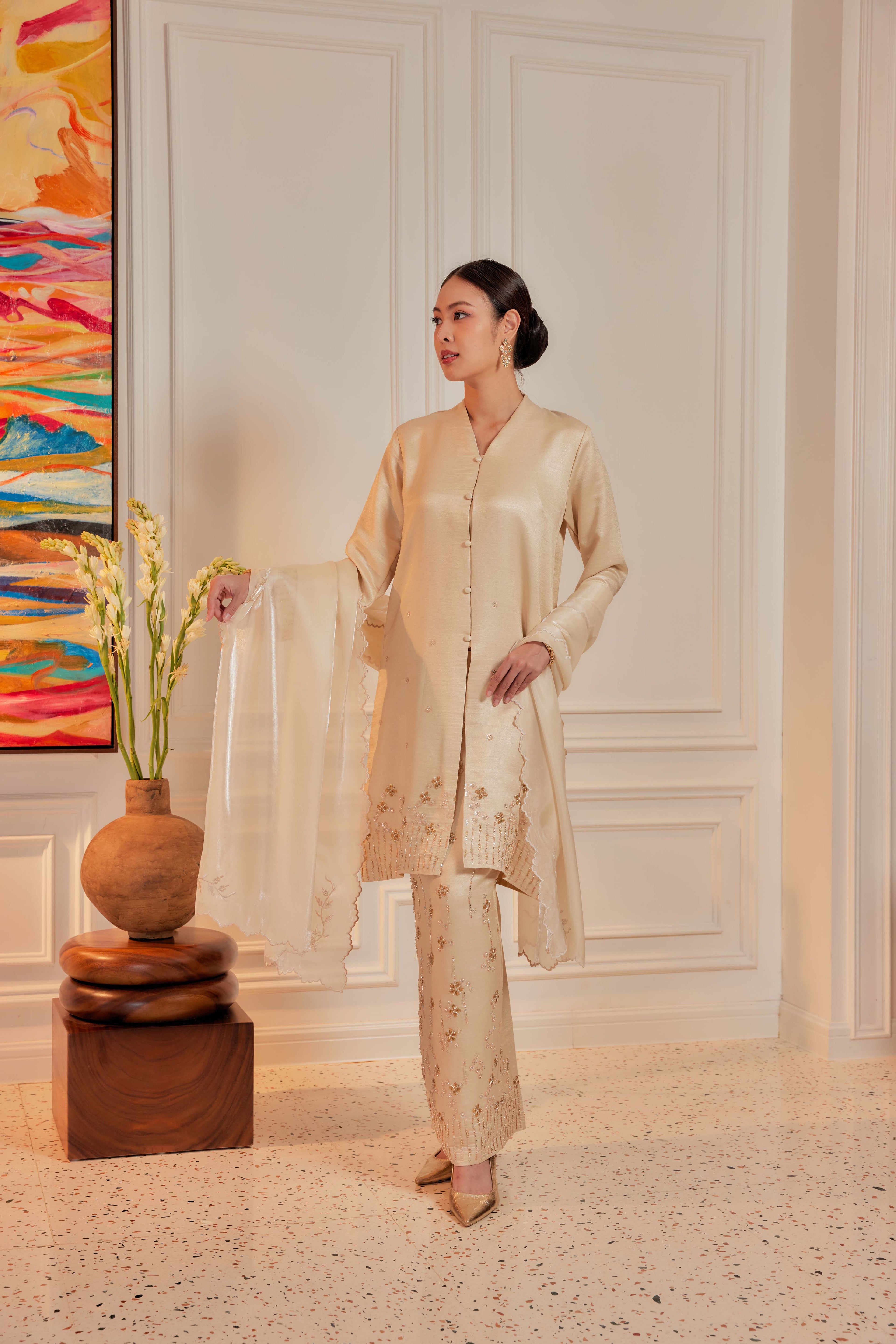 Champagne - Bidasari Beaded Bunga Tabur Motif Kebarung (Fully Lined)