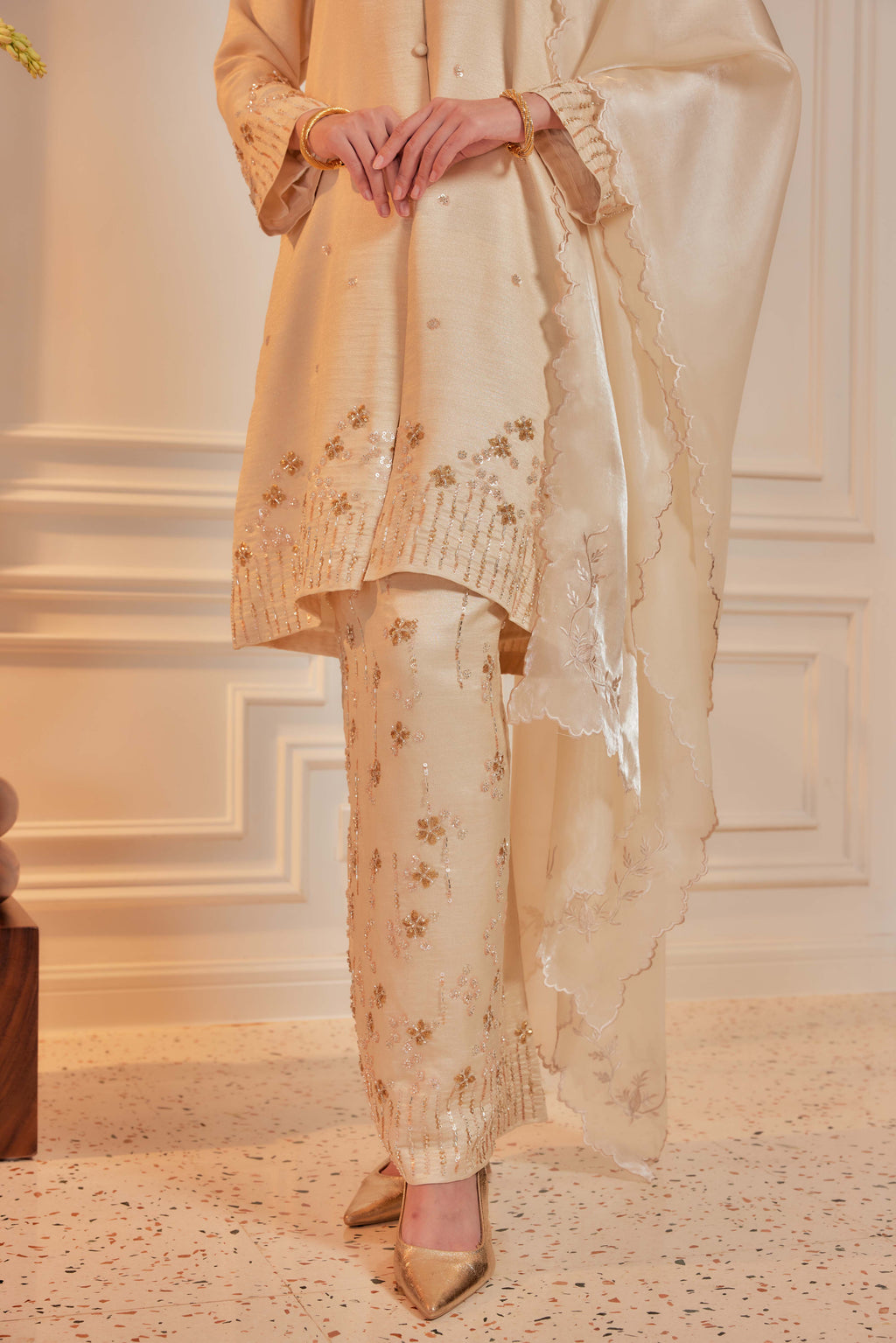 Champagne - Bidasari Beaded Bunga Tabur Motif Kebarung (Fully Lined)