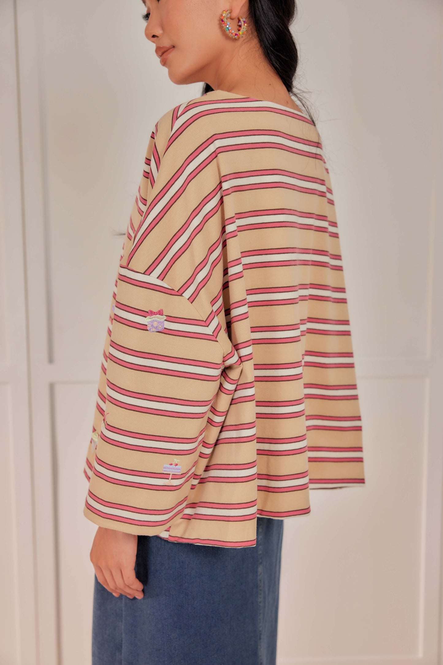 Striped Embroidered Cotton Relaxed Reversible Tee