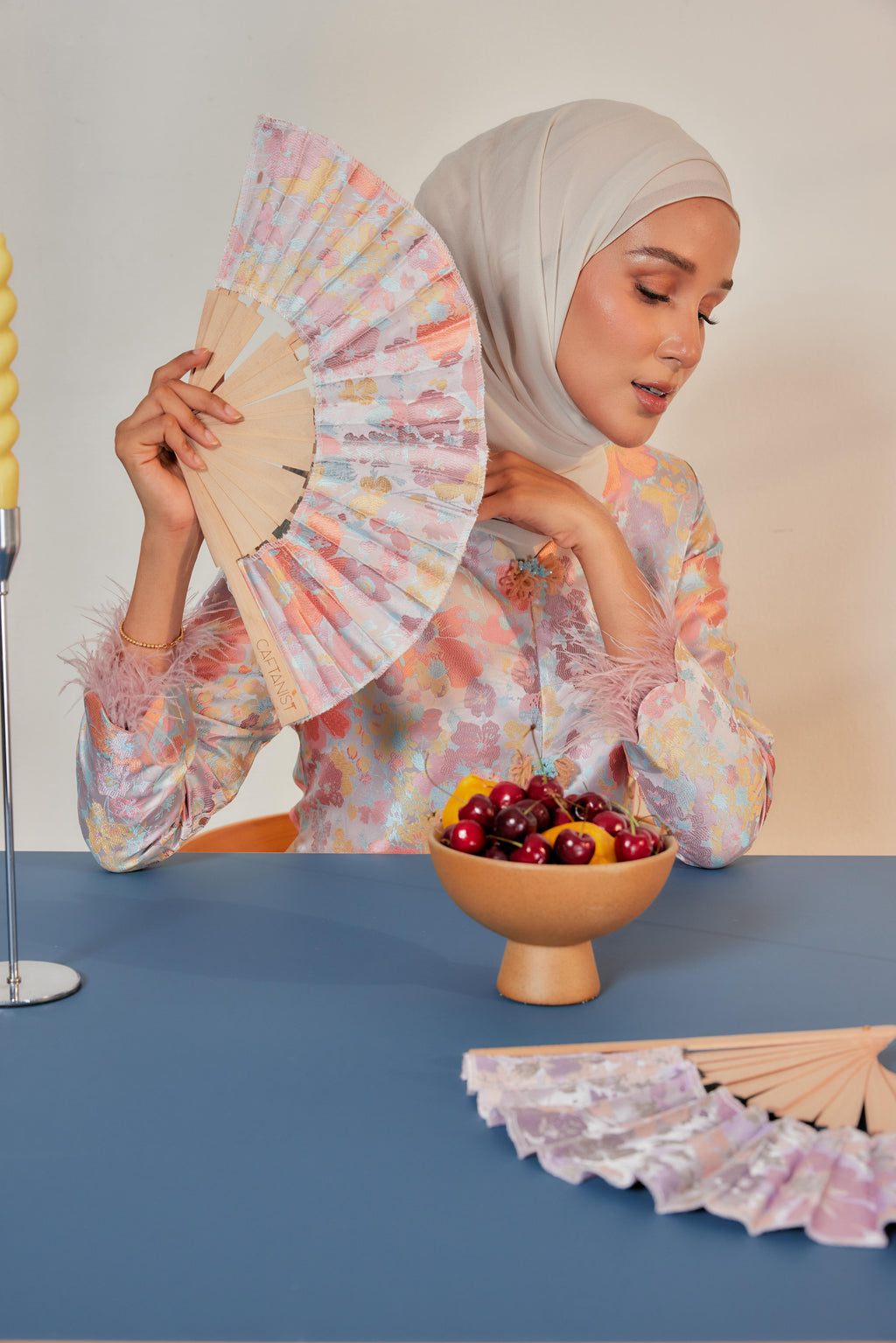 Silken Amber - Purnama Embellished Kebaya with Feathered Sleeves (Fully Lined)