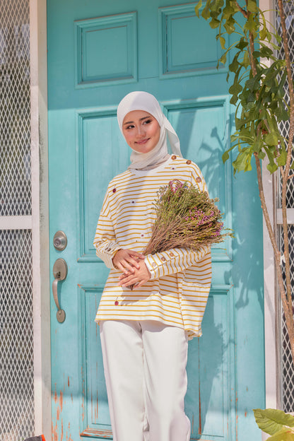 [PREORDER] Fleuriste Embroidered Cotton Tee with Signature Buttons — Butter Yellow Stripes