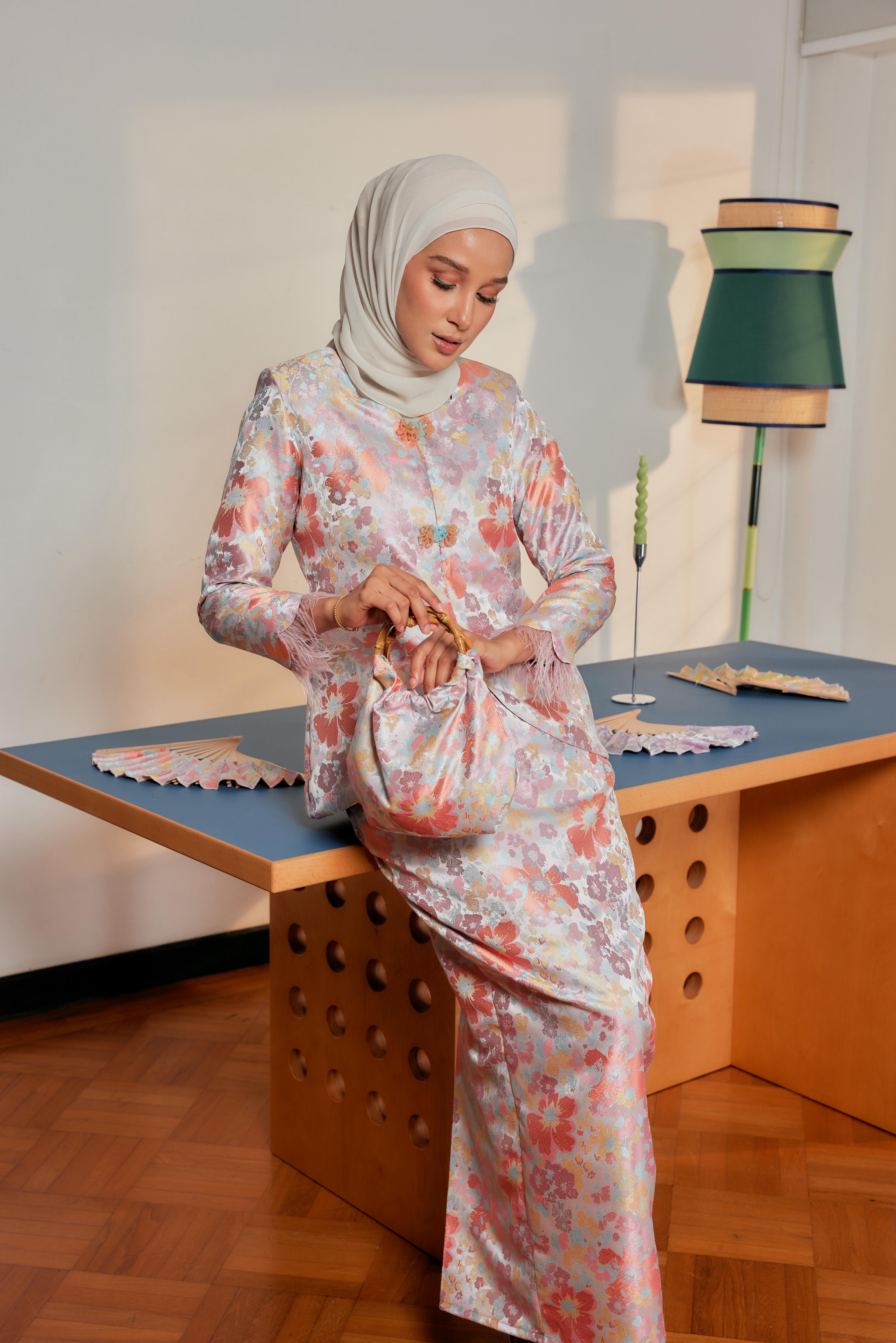 Silken Amber - Purnama Embellished Kebaya with Feathered Sleeves (Fully Lined)