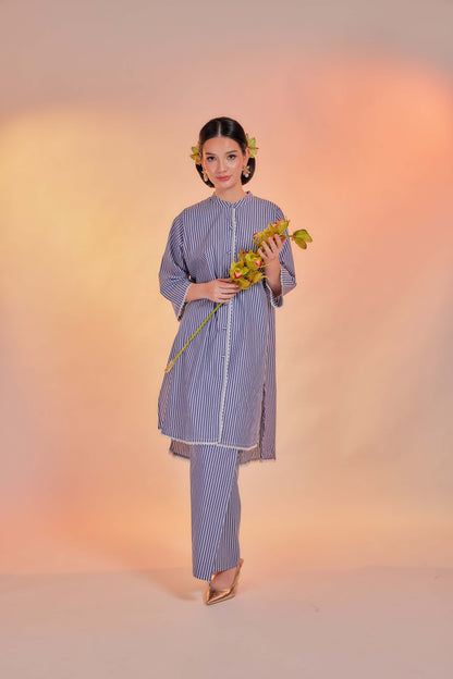 Belau-Airis Cotton Striped Kebarung with Lace Trim Set