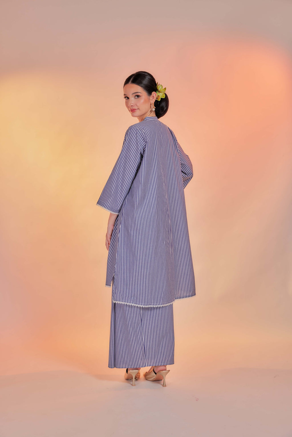 Belau-Airis Cotton Striped Kebarung with Lace Trim Set