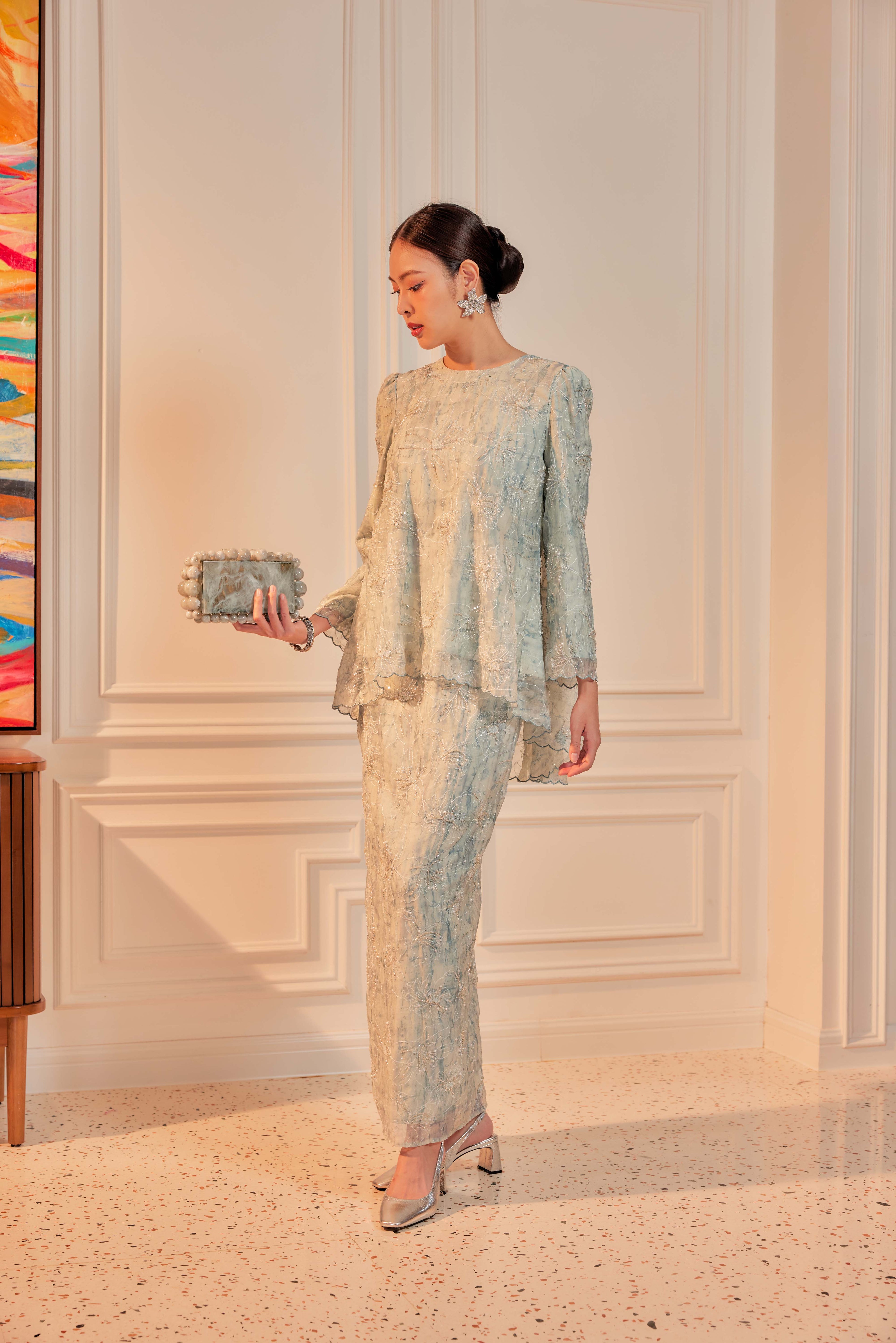 Ash Teal - Nona Pearl Beaded Embellished Kurung (Fully Lined)