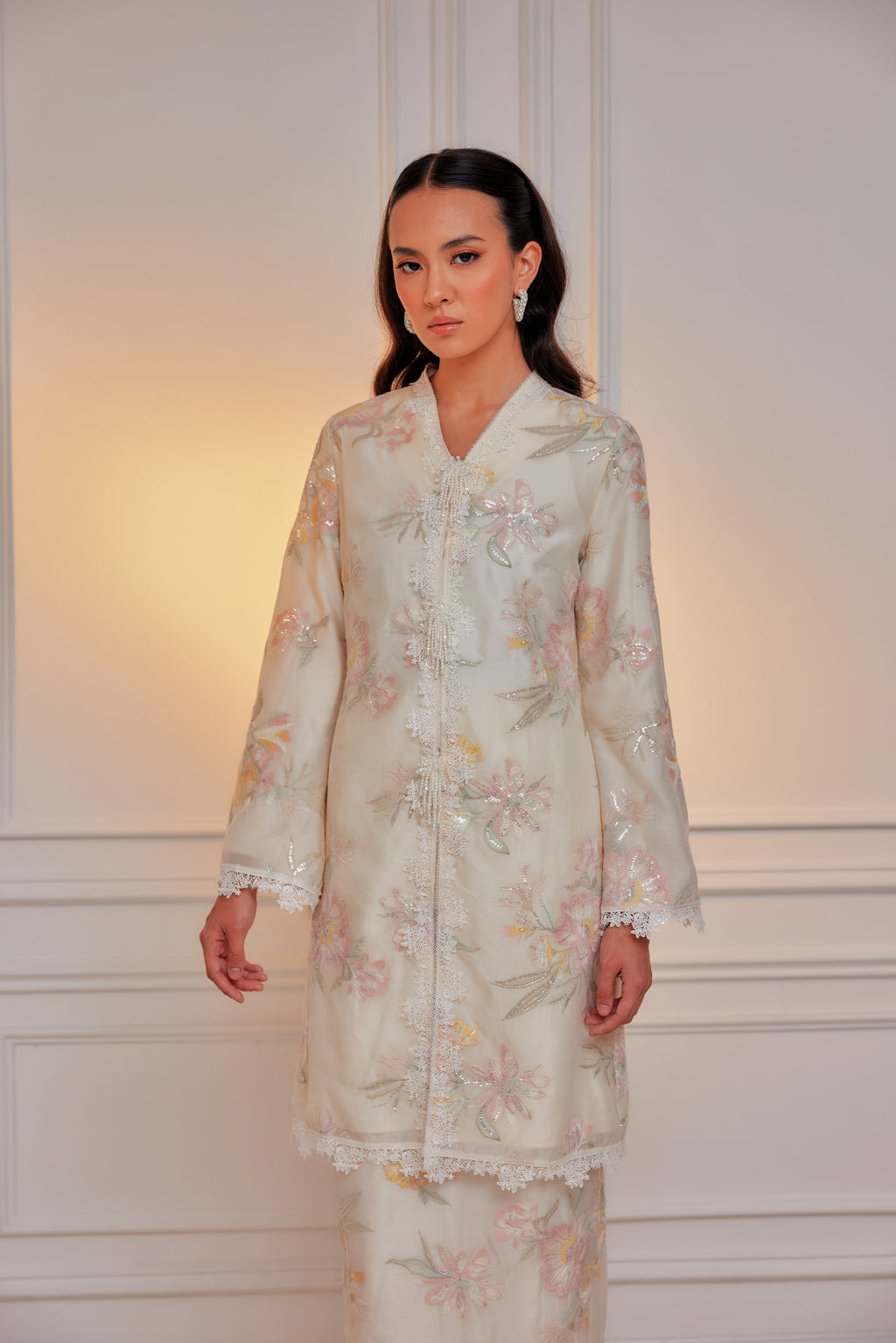 Ivory Cream - Embun Sulam Kurung with 3-Piece Pearled Brooch Set (Fully Lined)