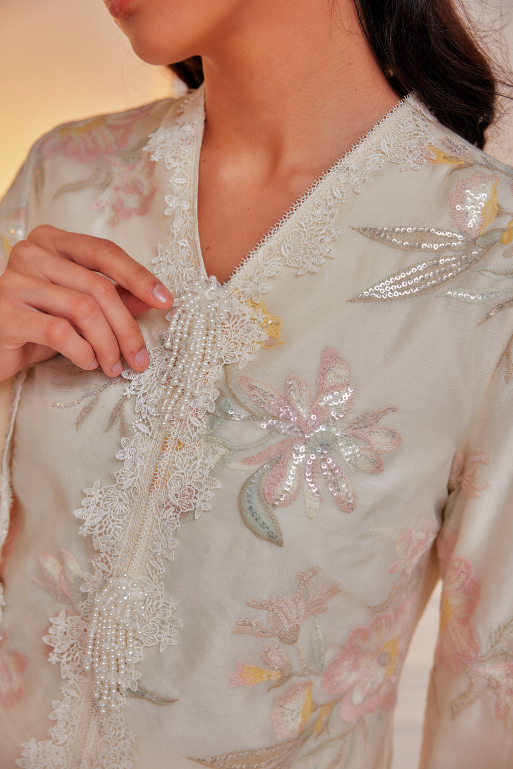 Ivory Cream - Embun Sulam Kurung with 3-Piece Pearled Brooch Set (Fully Lined)