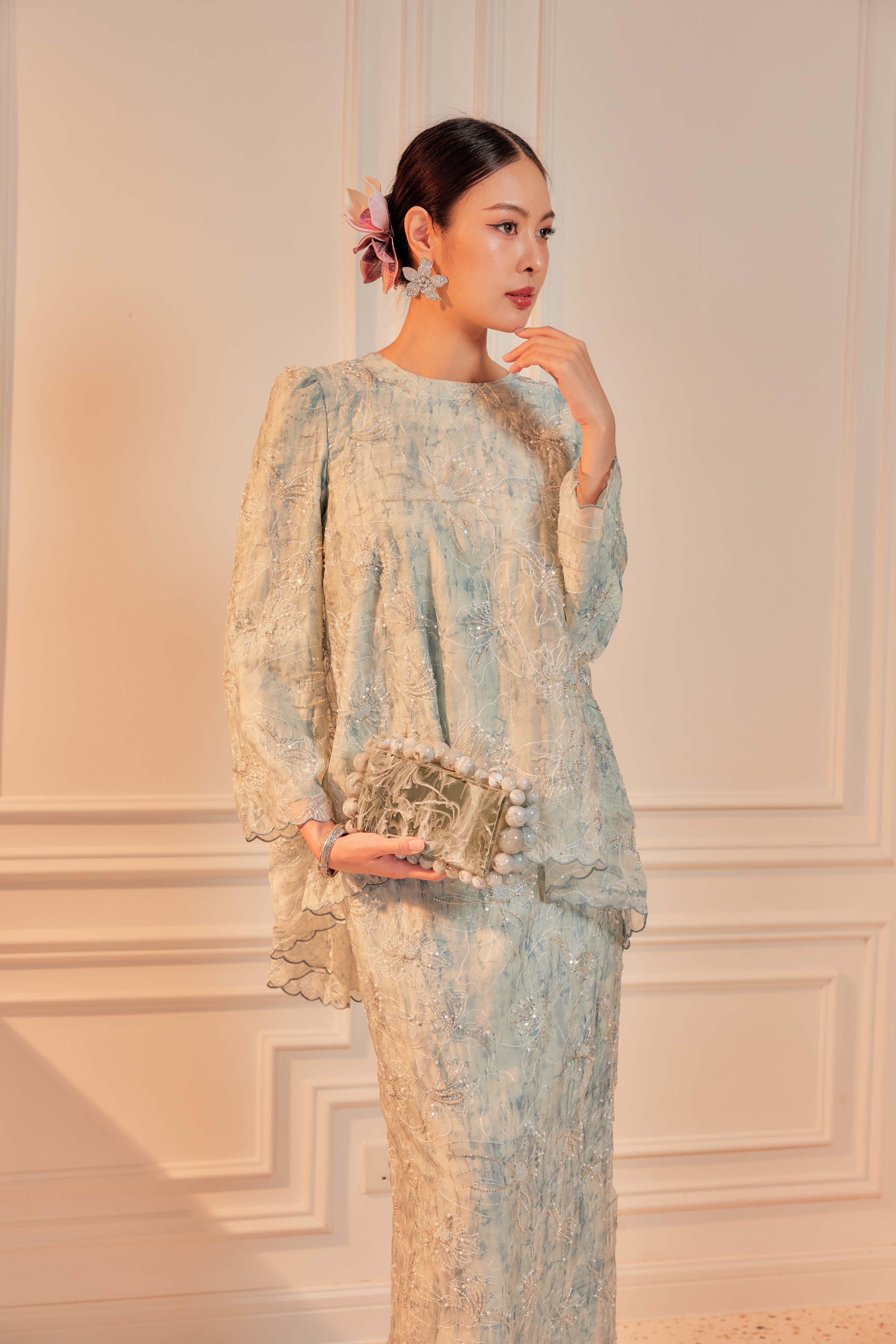 Ash Teal - Nona Pearl Beaded Embellished Kurung (Fully Lined)