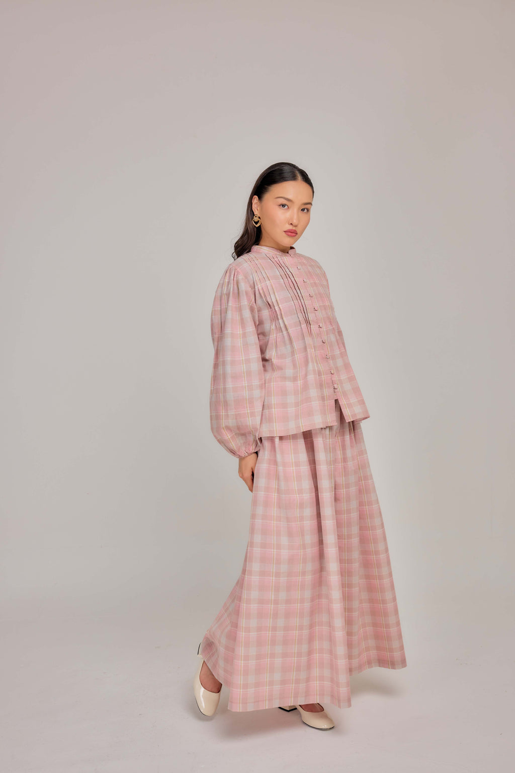 01 - Pink Nougat - Pleated Bell-Sleeved Cotton Tie Waist Top