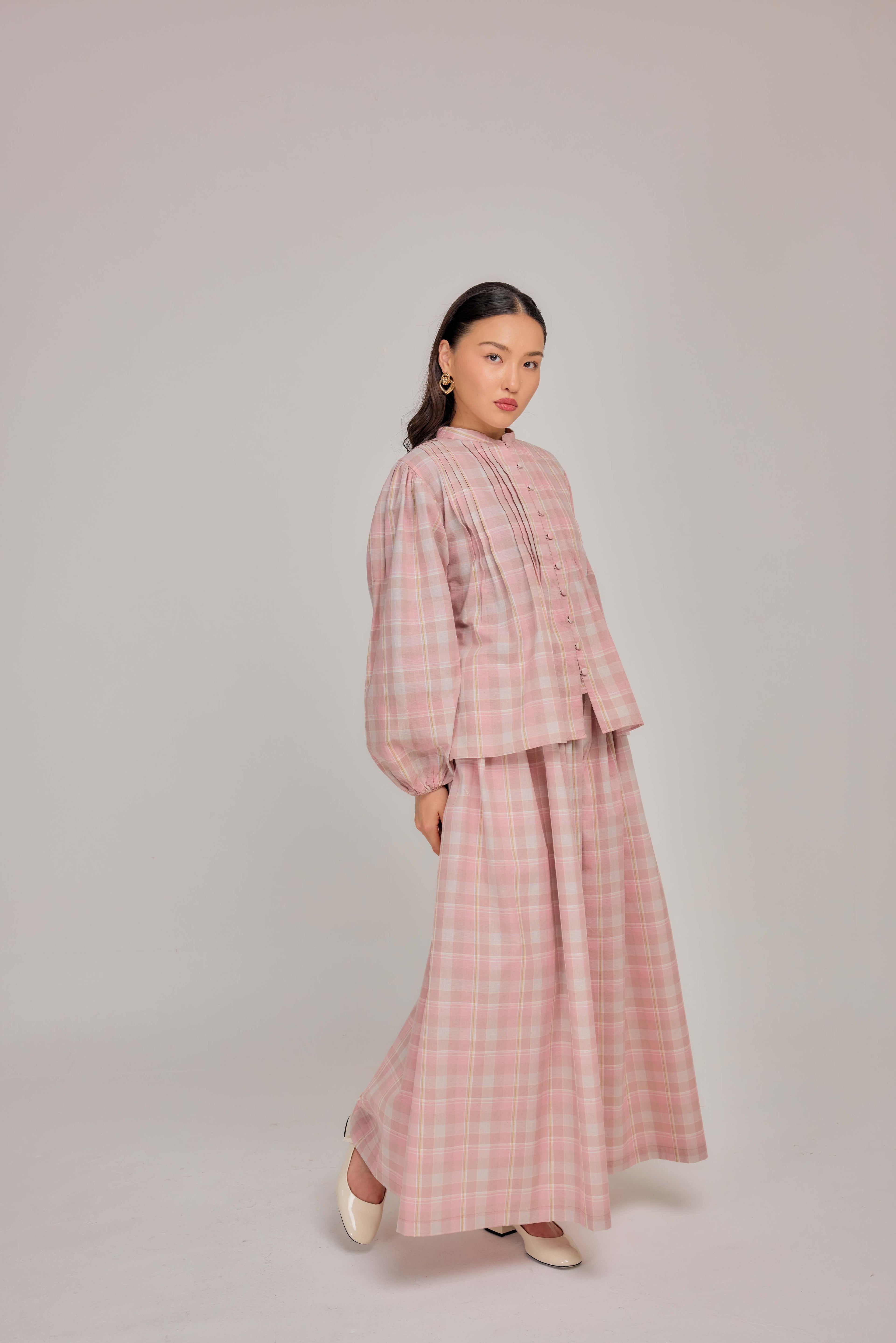 01 - Pink Nougat - Pleated Bell-Sleeved Cotton Tie Waist Top