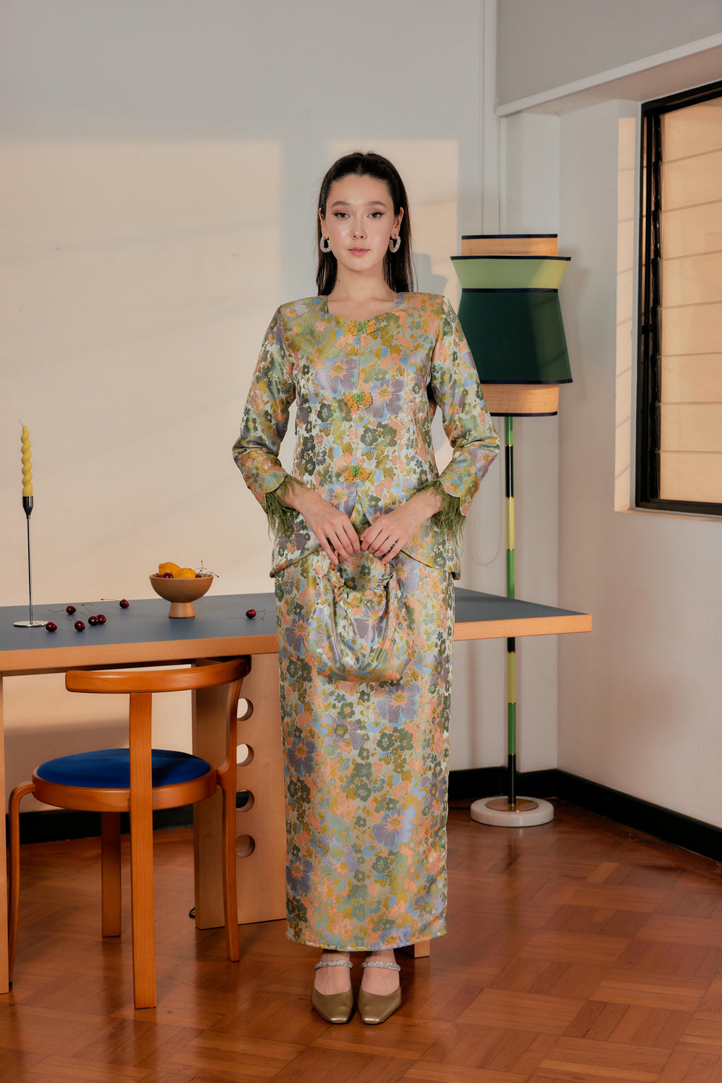 Moonlit Moss -  Purnama Embellished Kebaya with Feathered Sleeves (Fully Lined)