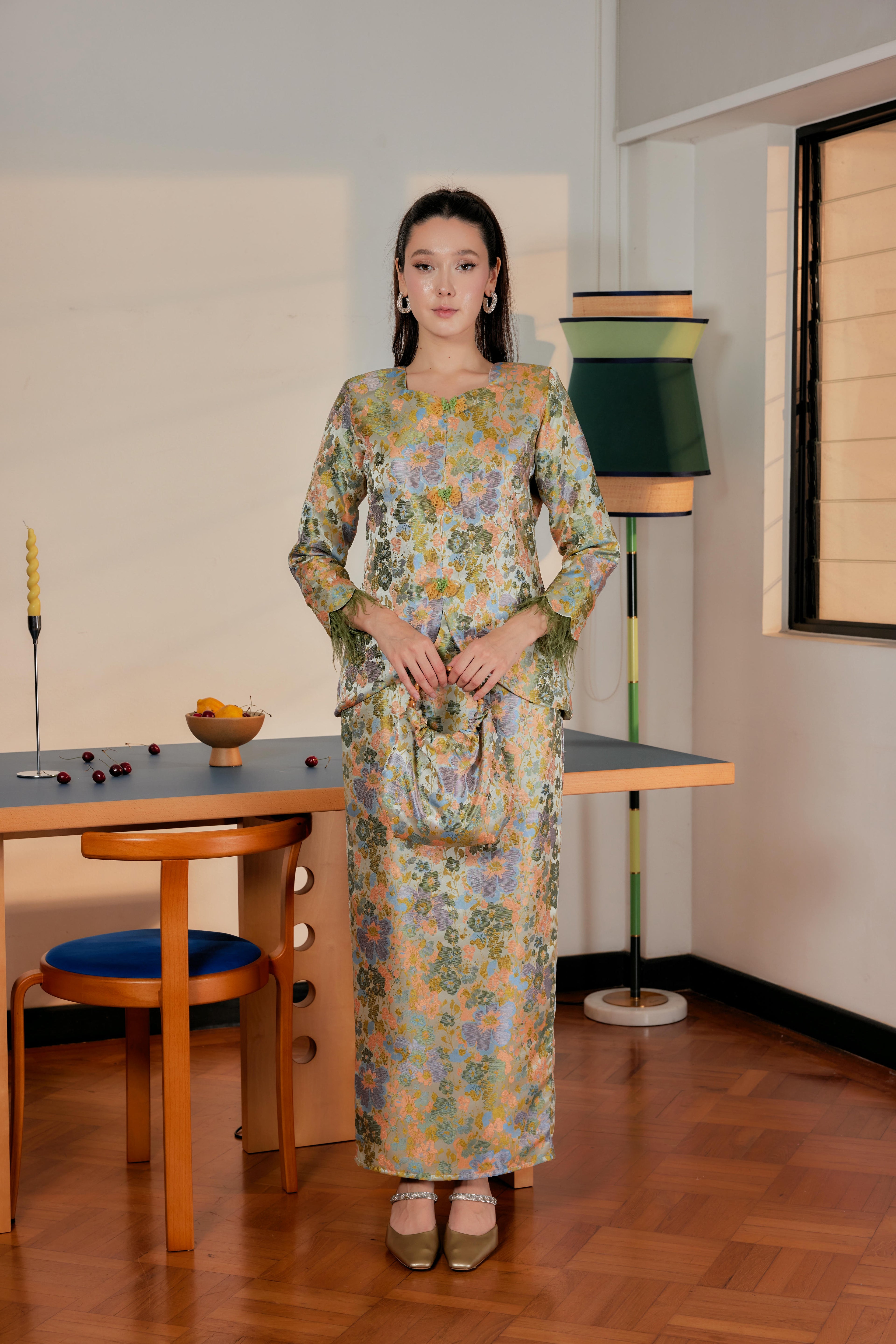 Moonlit Moss -  Purnama Embellished Kebaya with Feathered Sleeves (Fully Lined)