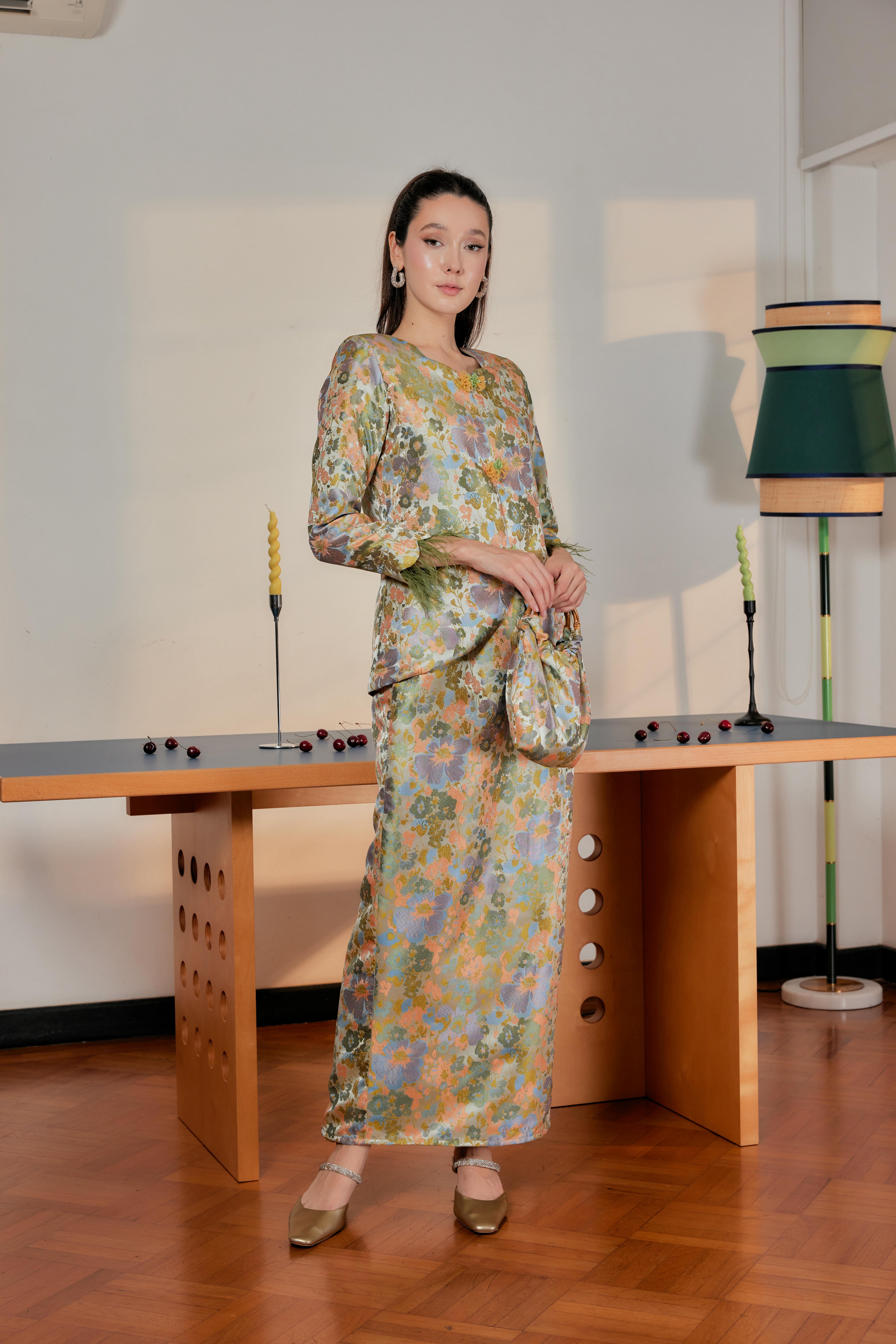 Moonlit Moss -  Purnama Embellished Kebaya with Feathered Sleeves (Fully Lined)