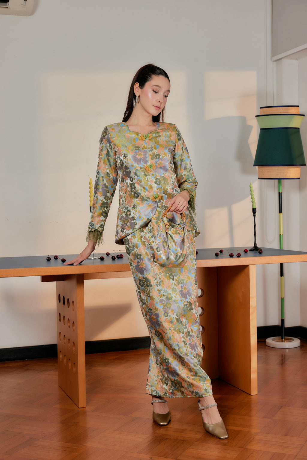 Moonlit Moss -  Purnama Embellished Kebaya with Feathered Sleeves (Fully Lined)