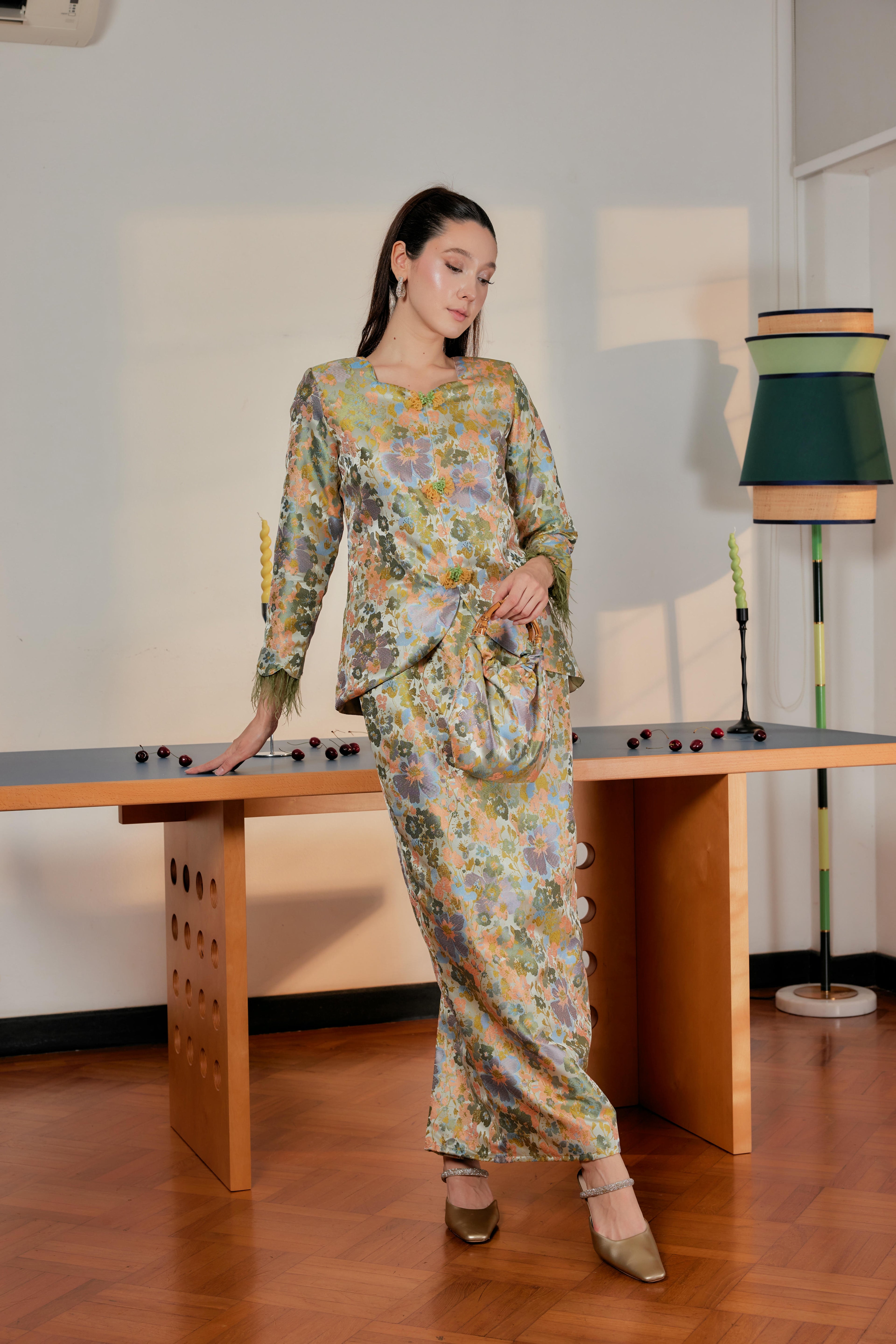 Moonlit Moss -  Purnama Embellished Kebaya with Feathered Sleeves (Fully Lined)