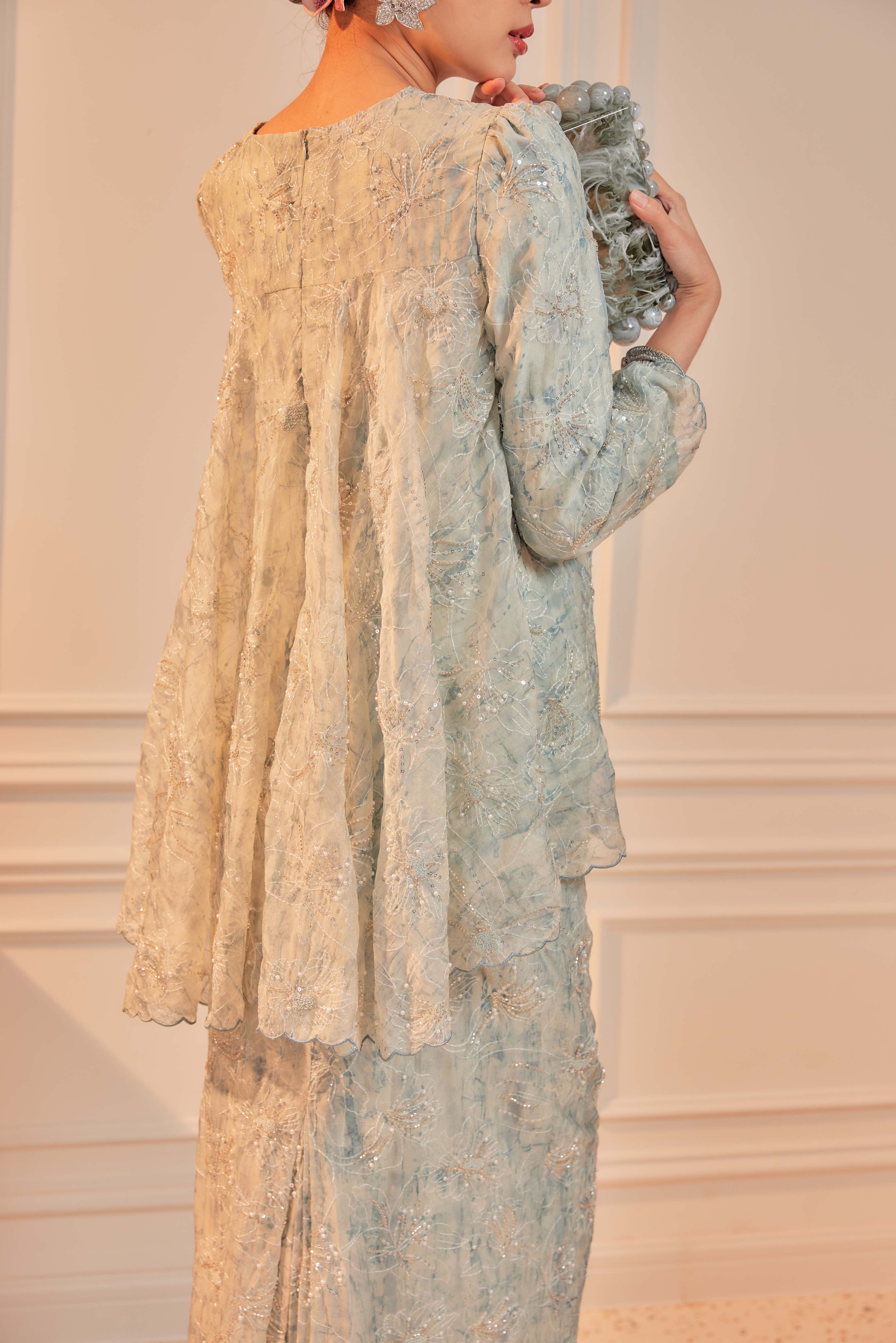 Ash Teal - Nona Pearl Beaded Embellished Kurung (Fully Lined)